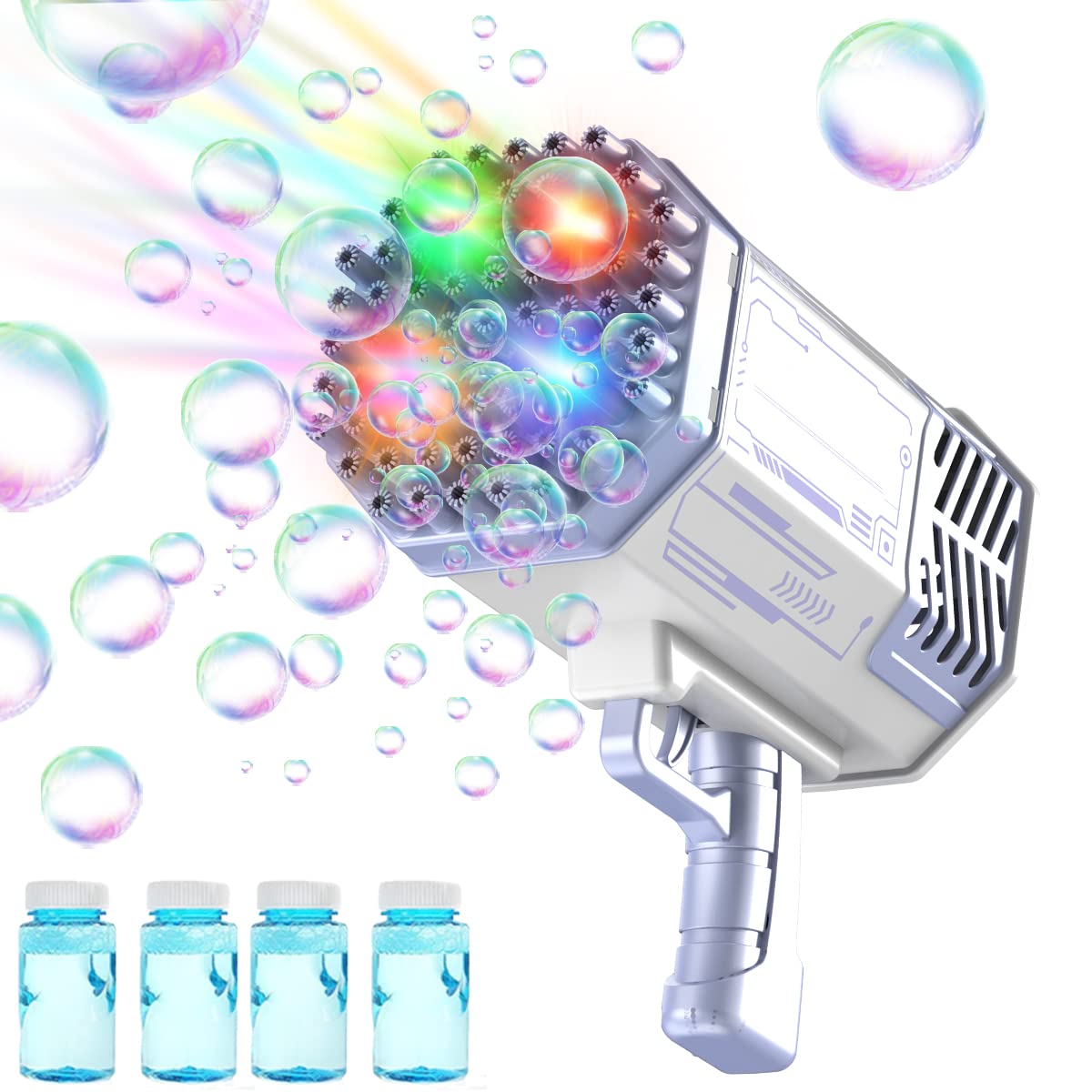 69 Holes Bubble Blaster Machine - Electric Automatic Bubble Maker with 2 Bubble Solutions & Colorful LED Lights - Outdoor Party, Wedding, Birthday, Backyard Fun for Kids & Adults (Purple)