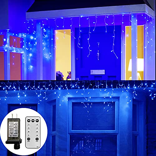 YOLIGHT 33ft 384 LED Icicle Christmas Lights Outdoor Waterproof with Remote Control - 8 Lighting Modes for Twinkle Curtain Effect - Perfect for Wedding, Party, Home, Garden, Roof & Holiday Decor (Blue) - Create Festive Atmosphere for Christmas, Halloween & Special Events