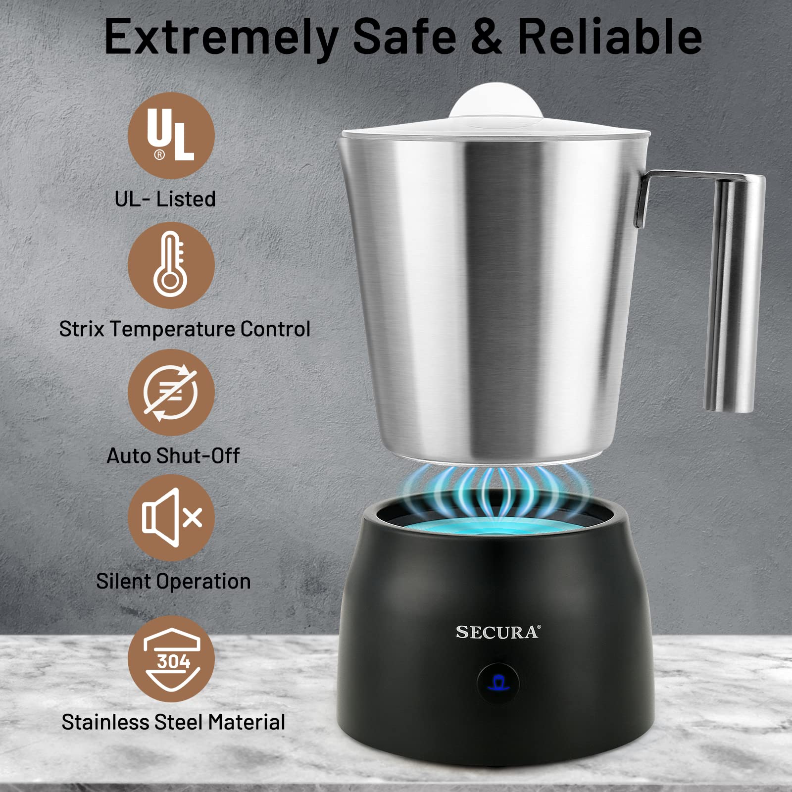 Secura 17oz Electric Milk Frother and Steamer - Stainless Steel Hot & Cold Foam Maker for Lattes, Cappuccino, Hot Chocolate - Upgraded 2-in-1 Whisks, Non-Stick Teflon-Free Design - Perfect for Coffee Shops, Home Baristas and Breakfast Drinks