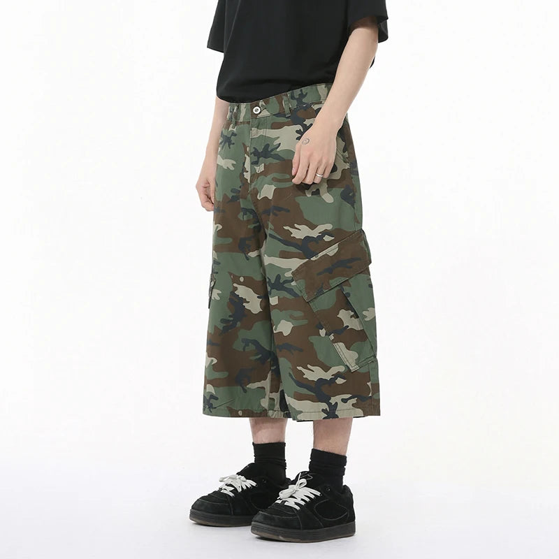 Men's American Style Camouflage Denim Shorts with Side Pockets & Patchwork Design - Casual Straight Wide Leg Baggy Jeans for Men | Perfect for Summer Outfits, Streetwear & Casual Wear
