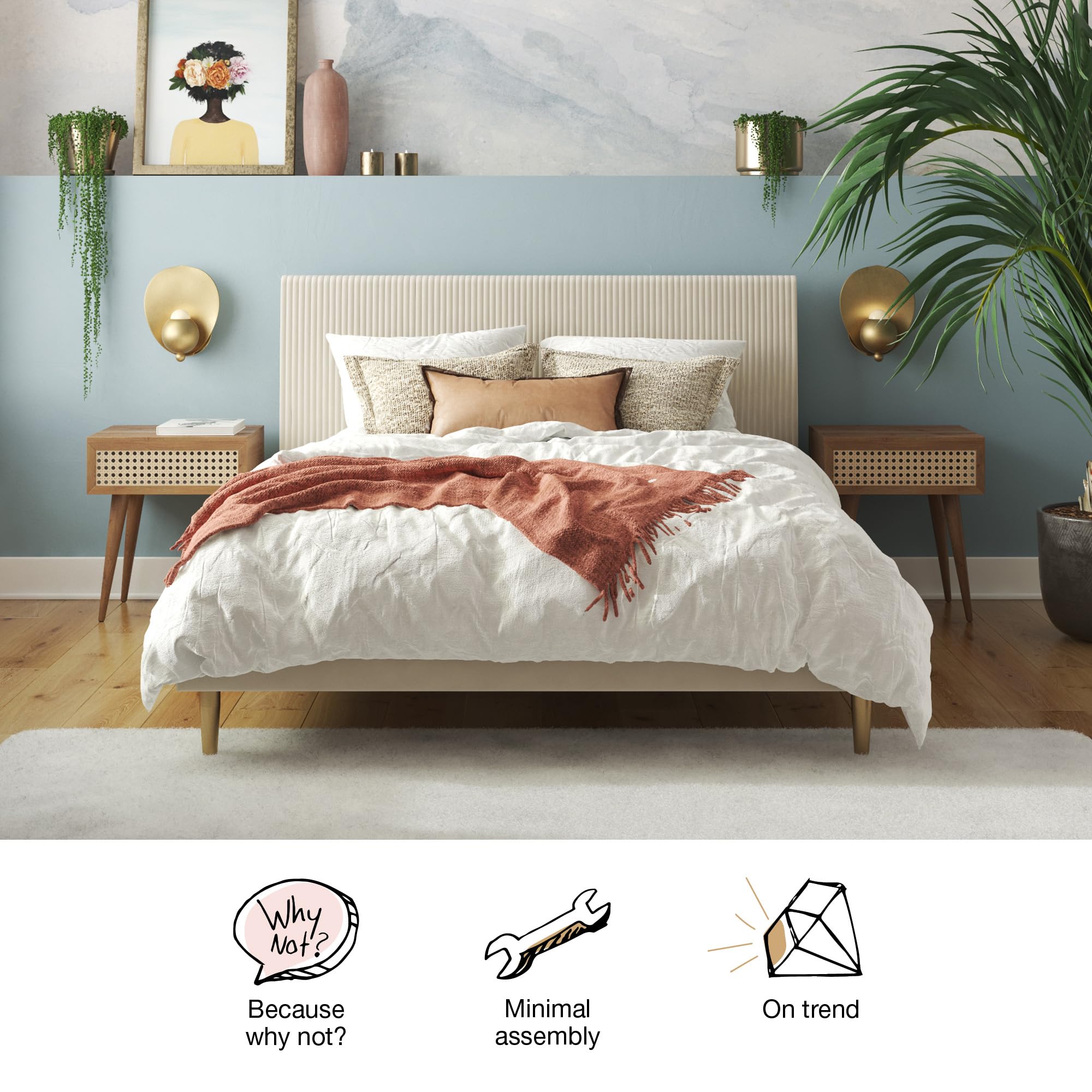 Mr. Kate Daphne Upholstered Bed with Headboard & Modern Platform Frame - Full Size Ivory Velvet Bedroom Furniture for Master & Guest Rooms