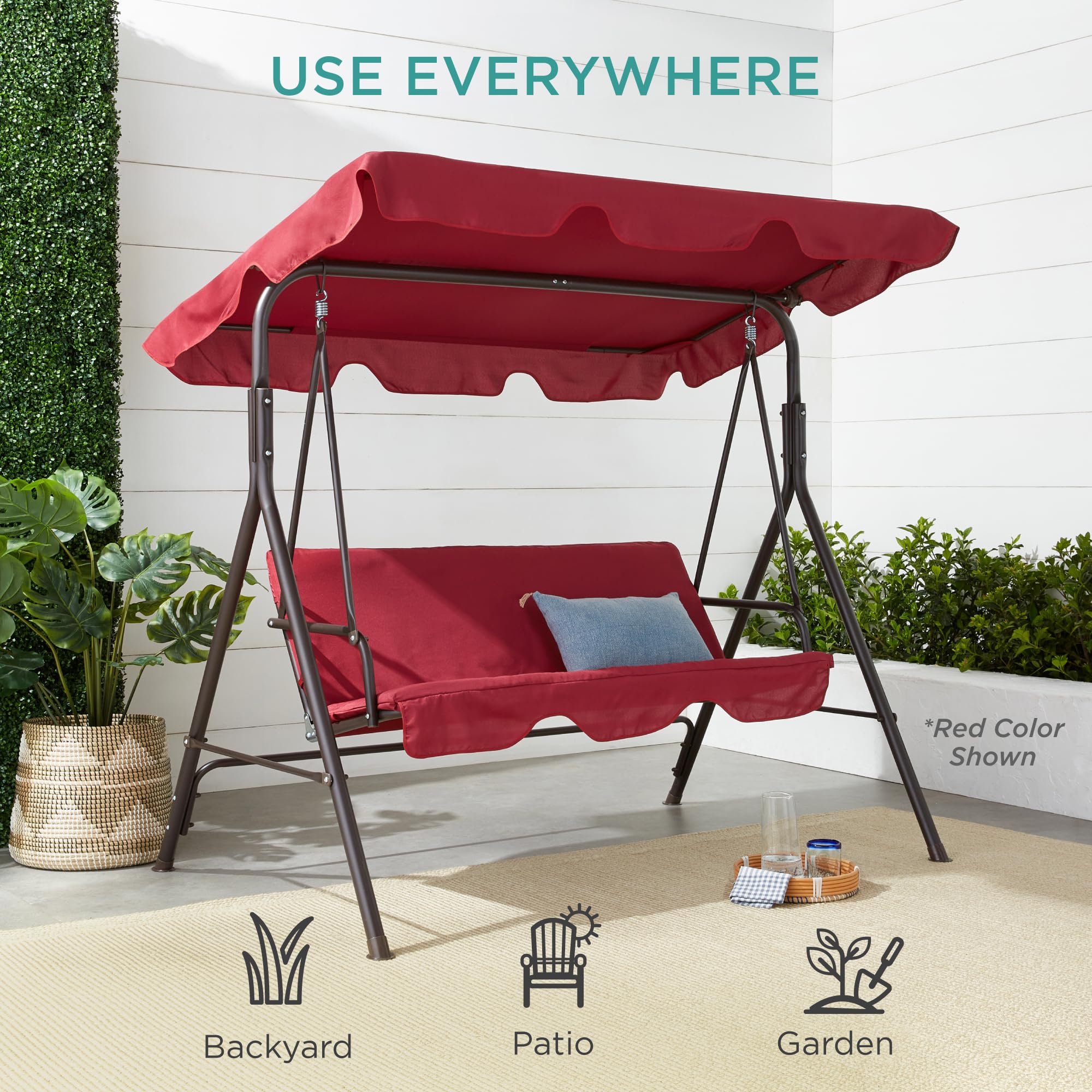 Best Choice Products 2-Person Outdoor Patio Swing Chair with Convertible Canopy - Hanging Glider Porch Bench for Garden, Backyard, Poolside - Adjustable Shade & Removable Cushions - Brown - Perfect for Relaxing, Lounging and Outdoor Entertaining