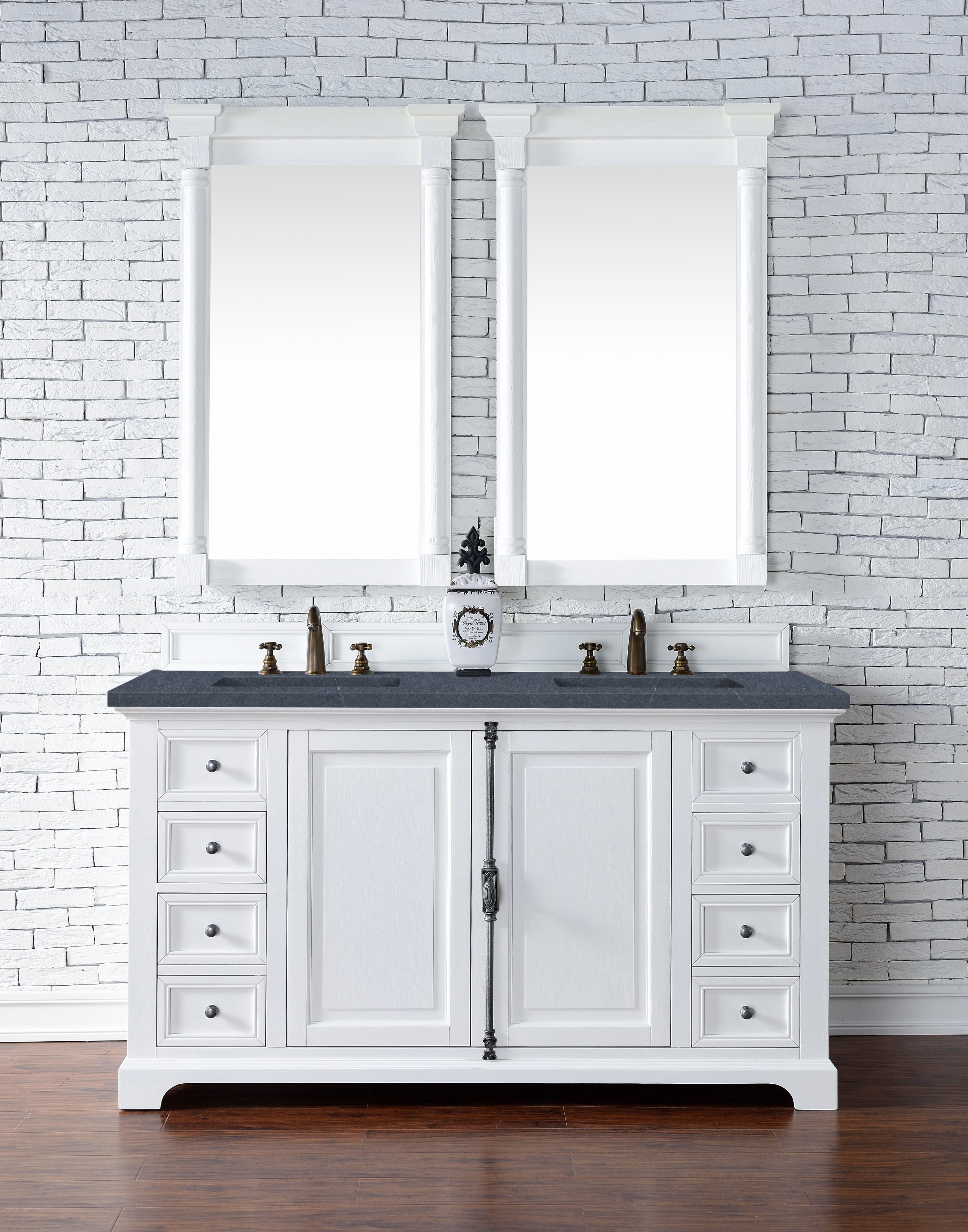 Providence 60 Inch Double Vanity Cabinet with Charcoal Soapstone Quartz Top - Bright White Bathroom Vanity for Master Bath & Powder Room