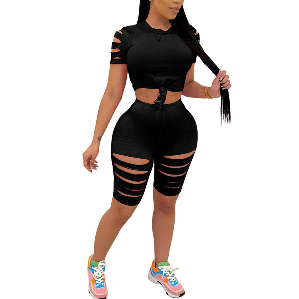 Trendy Casual Women's Sports Suit with Distressed Hole Design - Perfect for Gym, Yoga & Streetwear Fashion