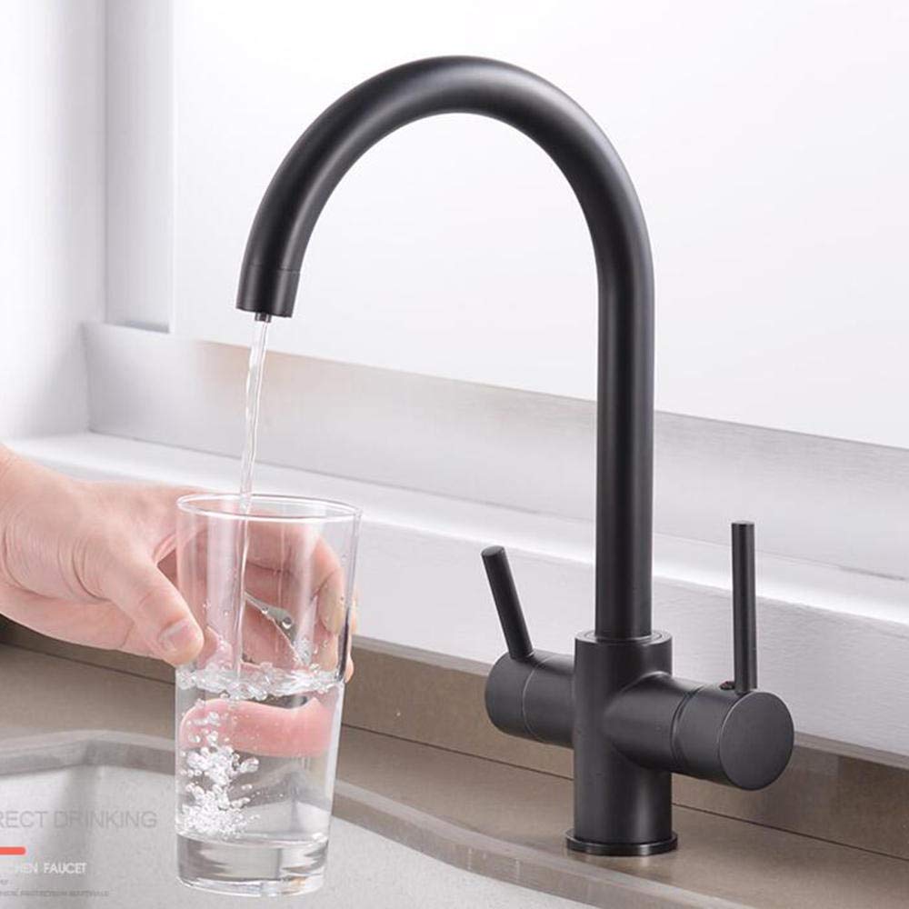 3-Way Kitchen Faucet with Water Filter - Hot & Cold Brass Sink Mixer Tap, 360° Rotation, Direct Drinking Water, 3 Functions - Black (Perfect for Modern Kitchens, Water Purification & Convenient Cooking)