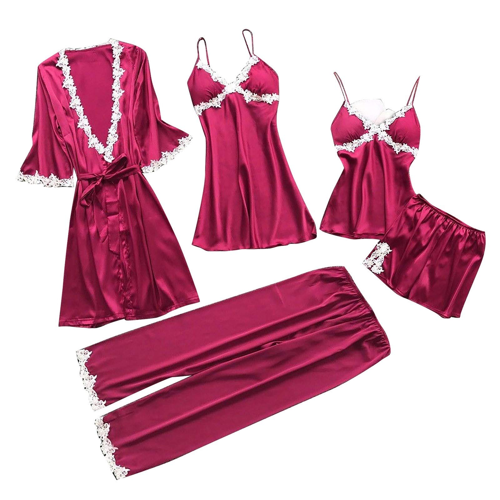 VEZAD Women's Floral Lace Trim Satin Pajama Set - 2pc/4pc/5pc Cami Nightwear with Robe & Panties - Soft Sleepwear for Lounge, Honeymoon & Gift Giving