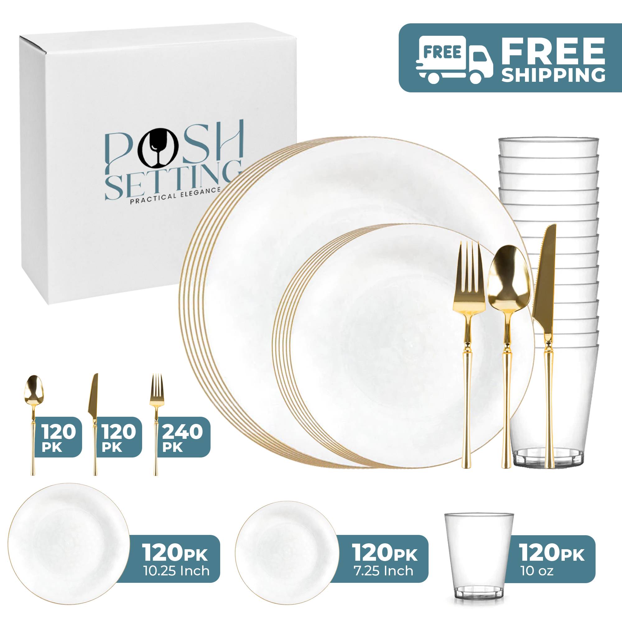 White & Gold Transparent Plastic Party Decorations Set - Eco-Friendly Hammered Design for Birthday, Wedding & Holiday Celebrations