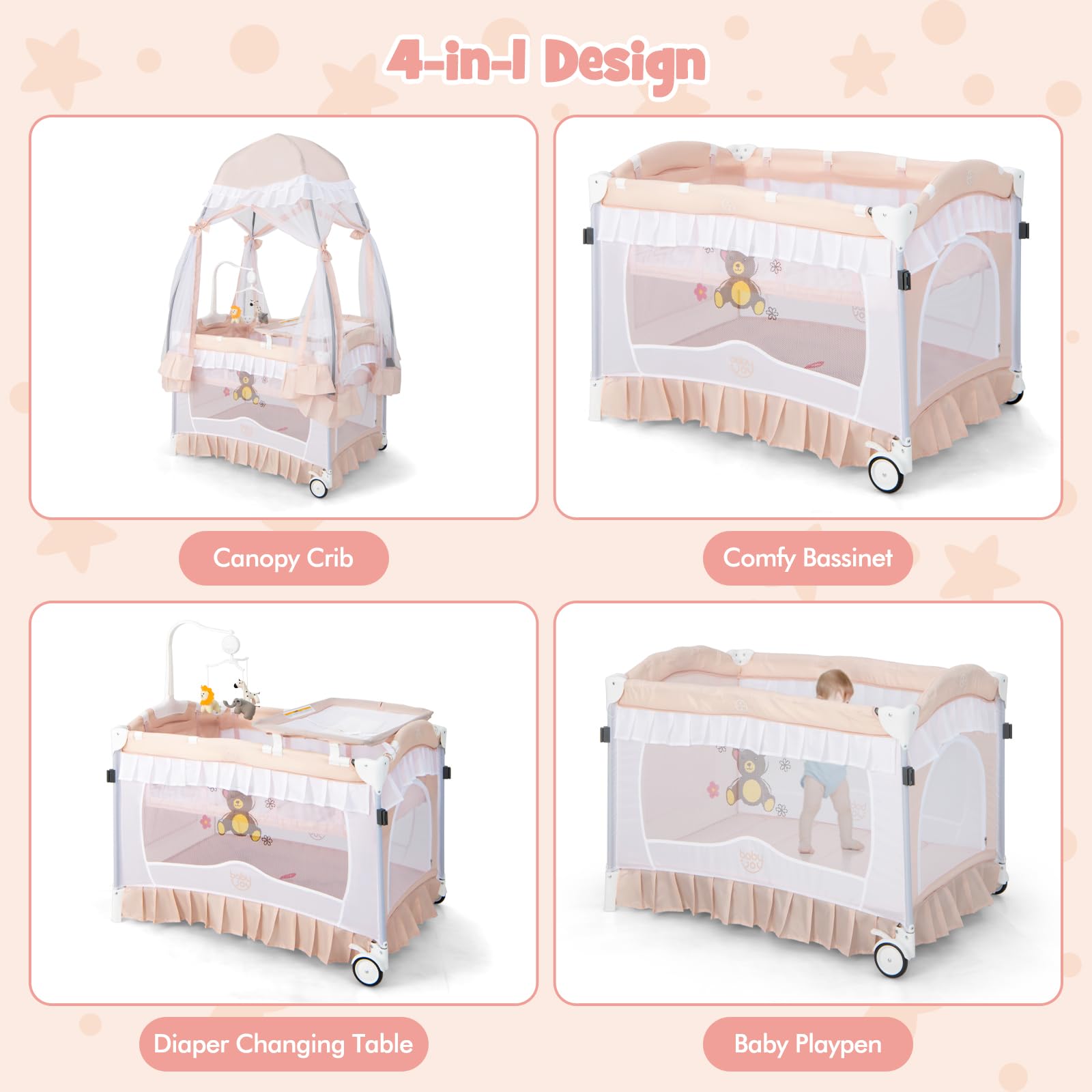 BABY JOY 4-in-1 Portable Playard with Canopy & Bassinet - Foldable Baby Crib with Wheels & Brake for Newborn to Toddler - Perfect for Travel, Nursery & Playtime (Pink)