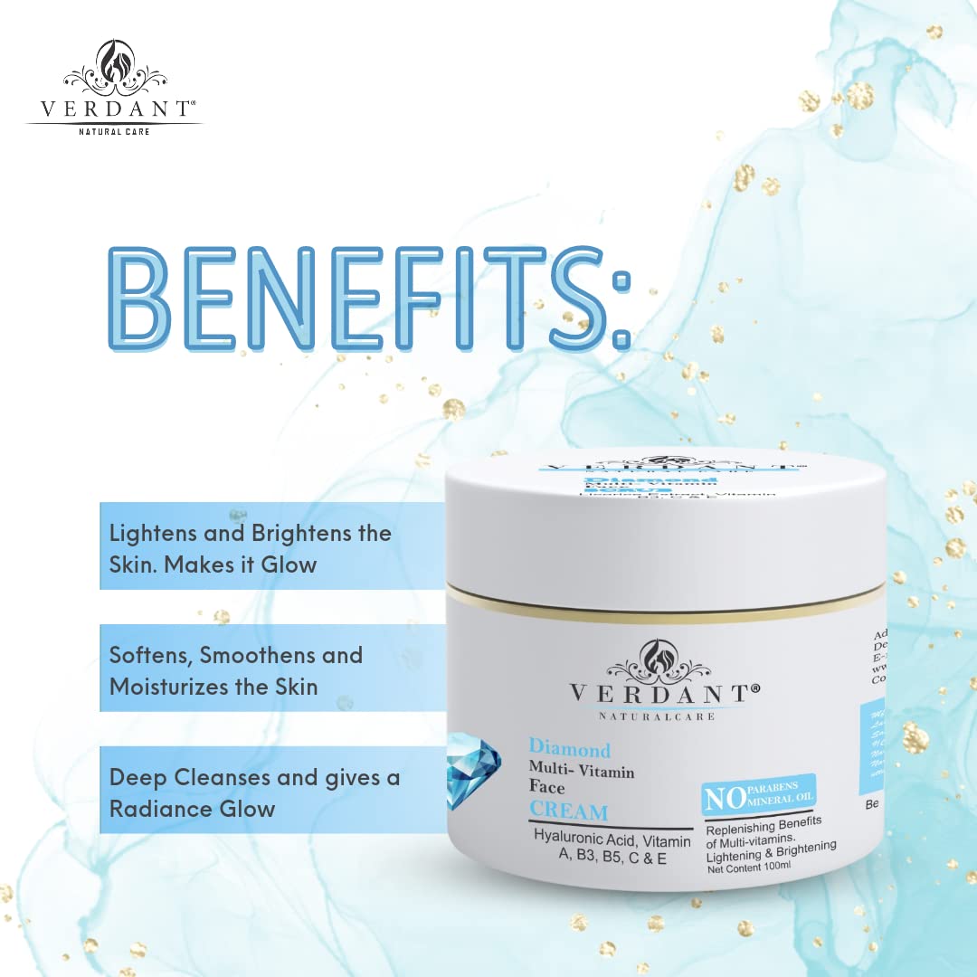 Verdant Diamond Face Cream with Hyaluronic Acid & Multi-Vitamin - Instant Glow & Deep Hydration Moisturizer - Brightening & Lightening Cream for All Skin Types - Paraben Free - 100ml - Perfect for Daily Skincare Routine & Nighttime Hydration