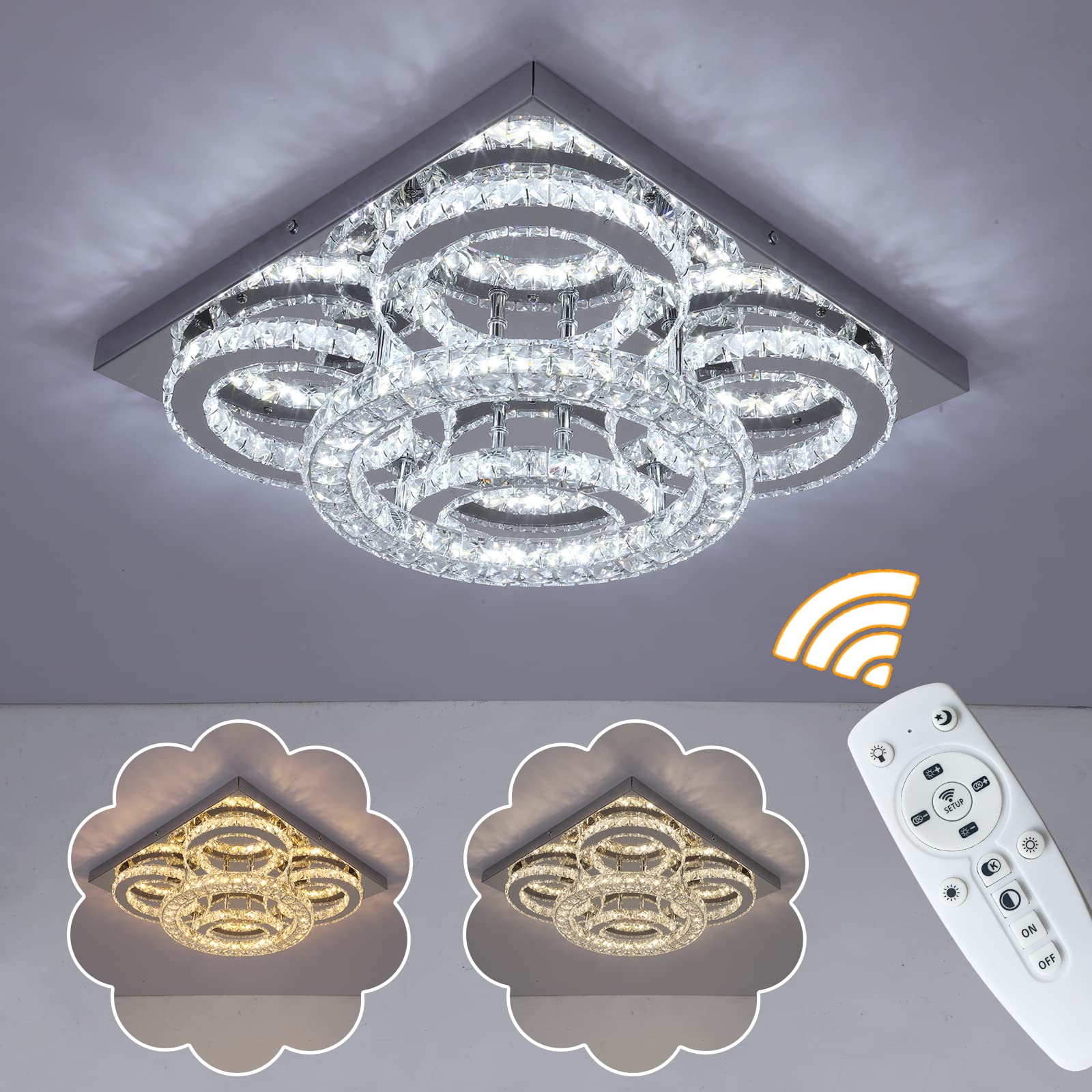 GreeLustr Modern Crystal Ceiling Light Fixture - 5 Ring Dimmable LED Chandelier with Remote Control, Flush Mount Lighting for Bedroom, Living Room & Dining Room | Energy Efficient Home Decor Lighting Solution