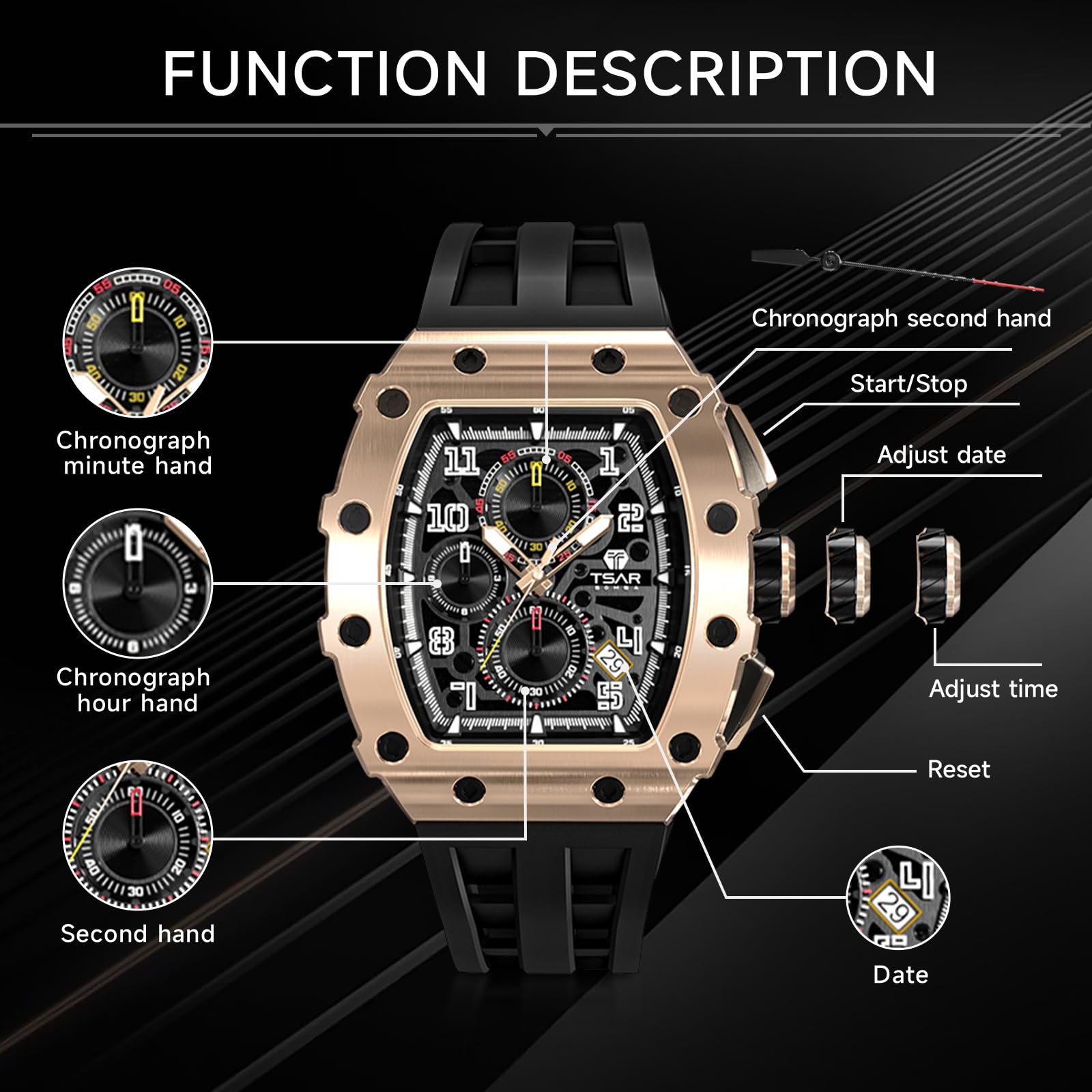 TSAR BOMBA Luxury Men's Watch - 50M Waterproof Tonneau Chronograph with Japanese Quartz Movement & Silicone Band - Perfect for Business, Casual & Outdoor Activities - Great Gift for Men