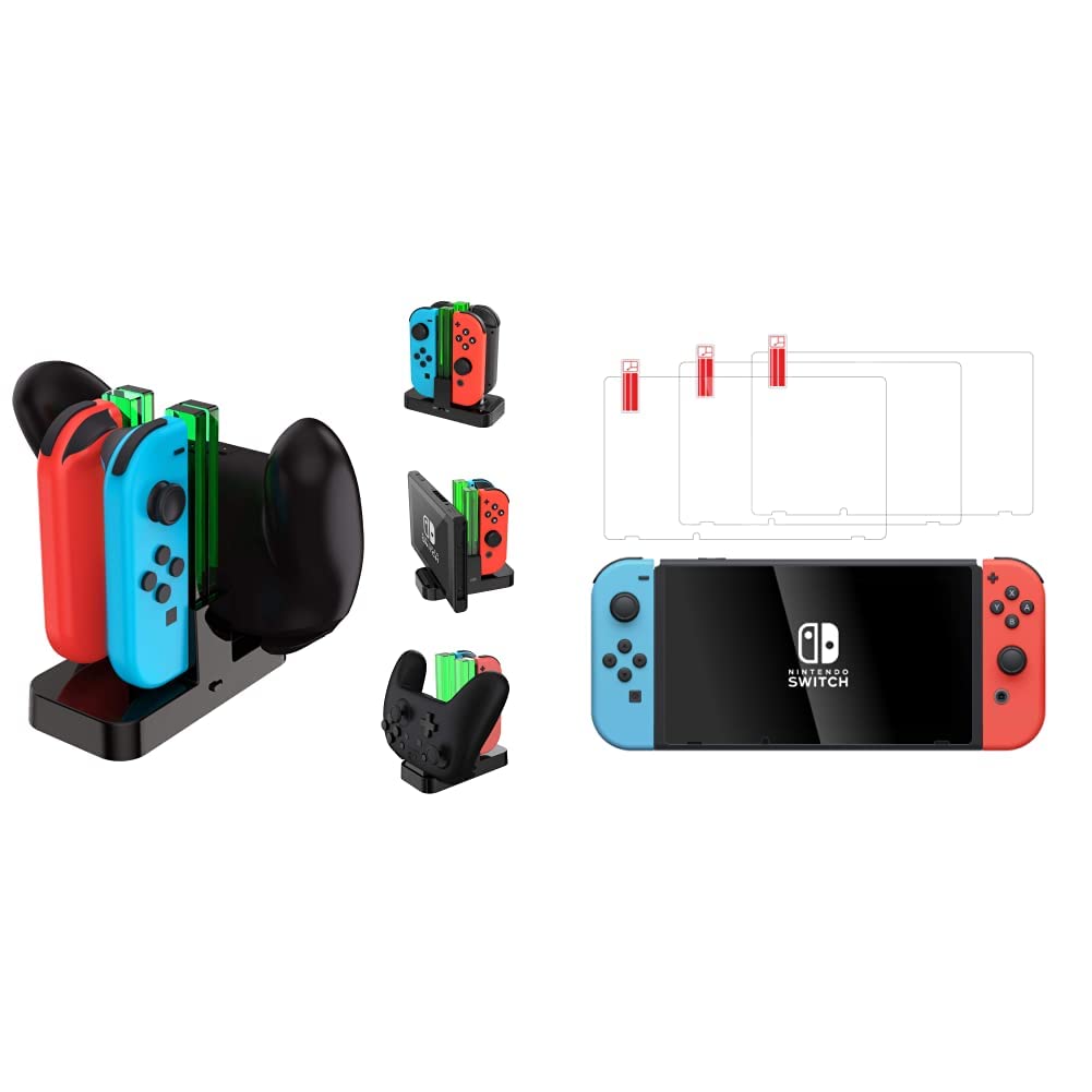 Nintendo Switch Joy-Con & Pro Controller Charging Dock with Screen Protector - Fast Charging Station for Switch Accessories - Perfect for Gaming at Home or On the Go