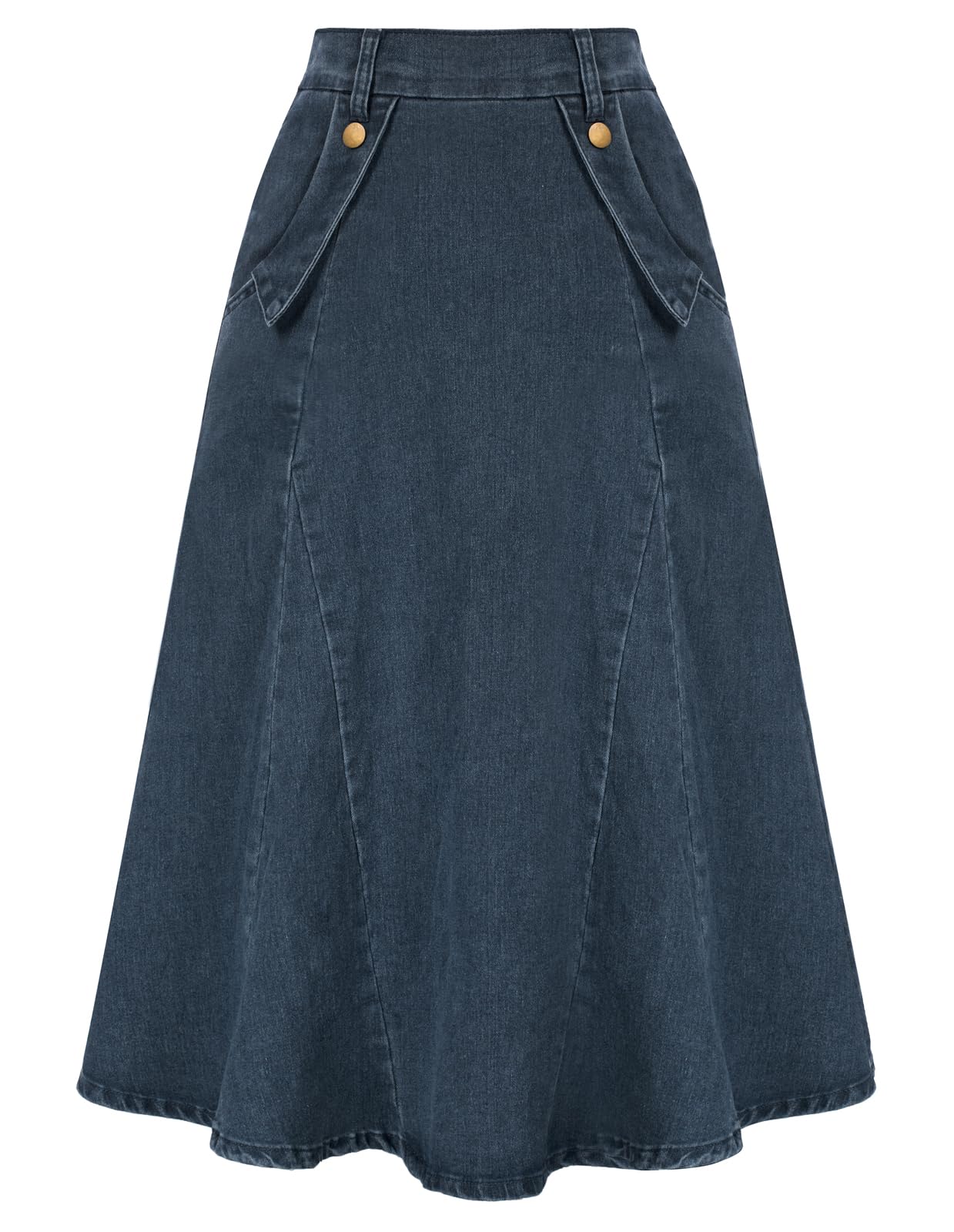 Belle Poque Women's Vintage High Waist Denim Midi Skirt - Stretchy Elastic Waistband, A-Line Cut with Functional Pockets | Perfect for Casual Outfits, Date Nights & Retro Fashion Looks