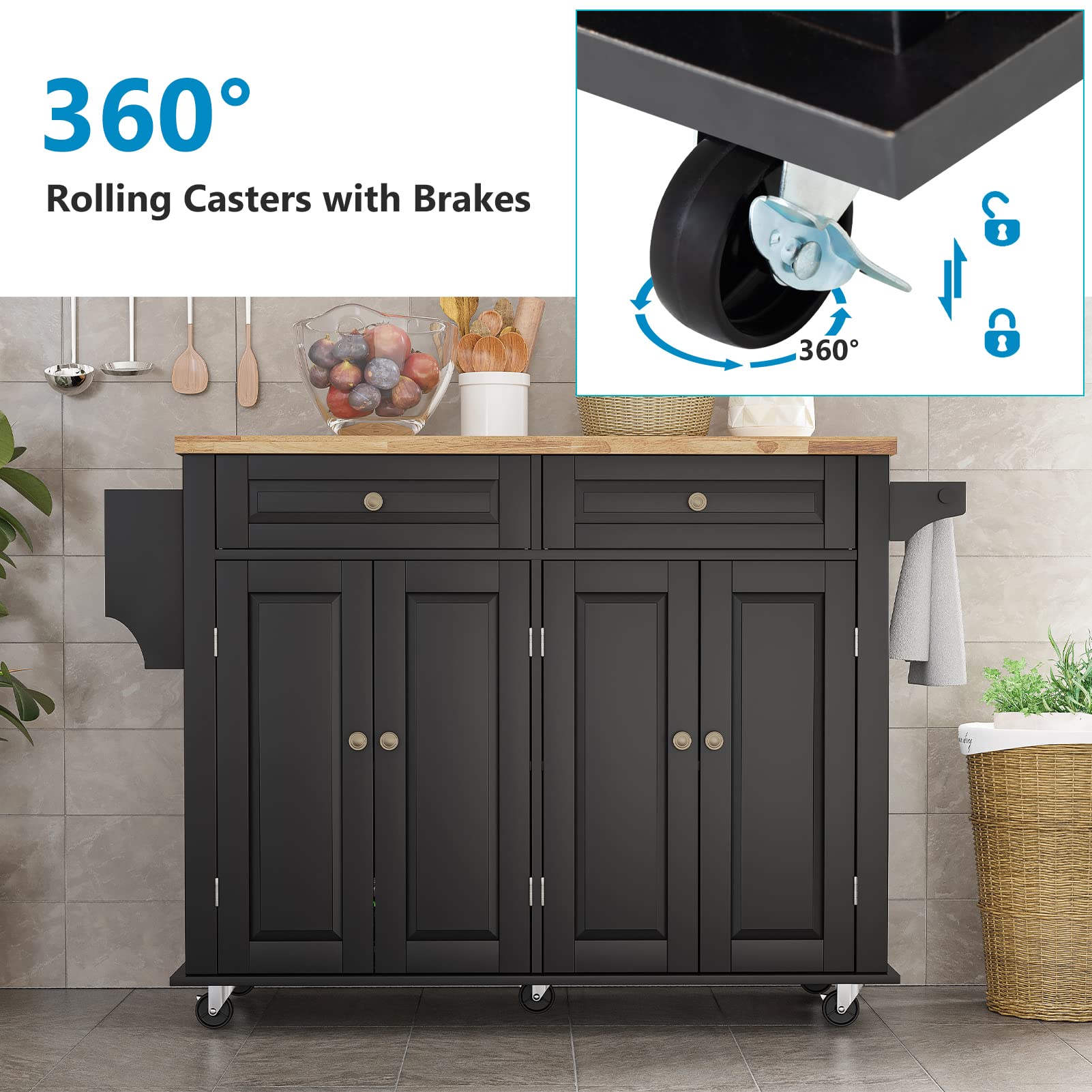 Rolling Kitchen Island with Drop Leaf - Mobile Kitchen Cart on Wheels with Storage Cabinet, Rubber Wood Top, Rack & Drawer - Matte Black for Small Spaces, Apartments & Home Cooking