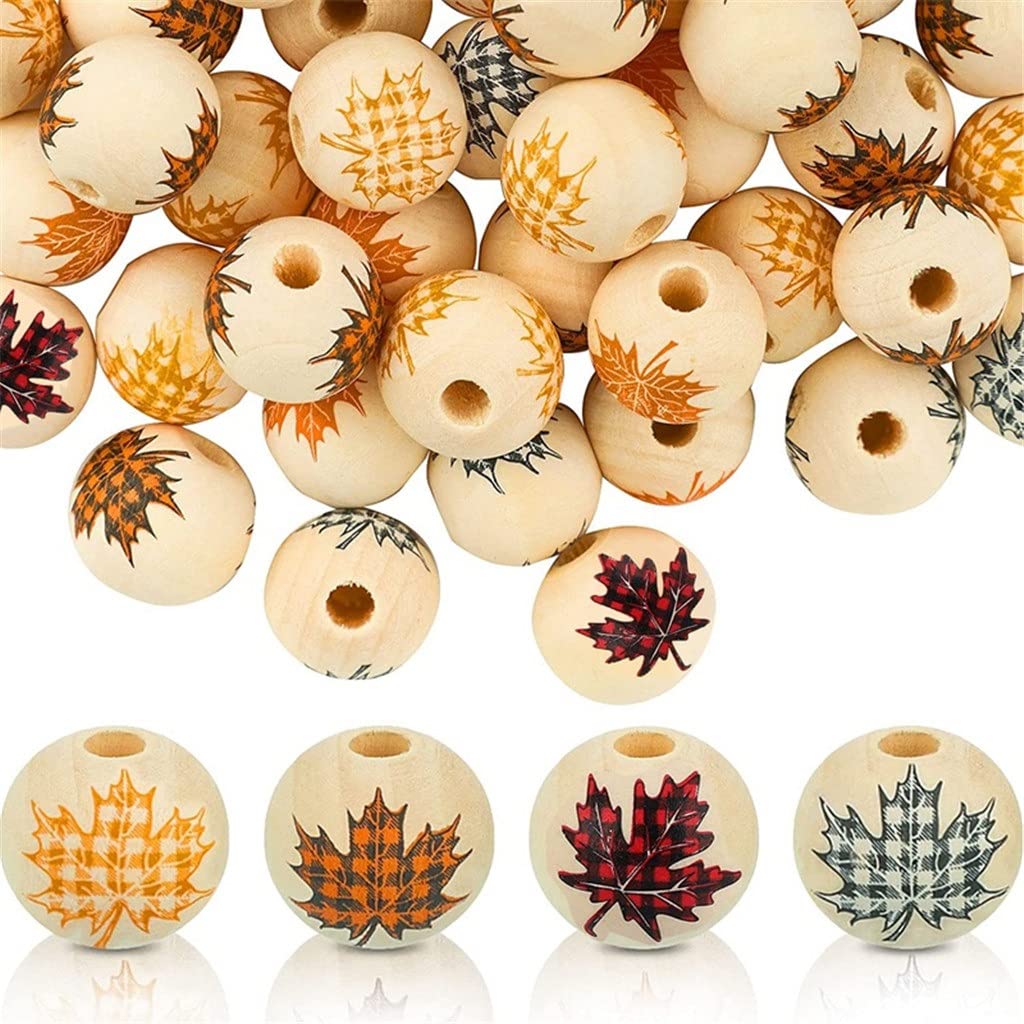 100 PCS Thanksgiving Wood Buffalo Plaid Beads with Maple Leaf Print - Rustic Farmhouse Autumn Craft Beads for DIY Jewelry, Home Decor, and Seasonal Wreath Making (One Size)