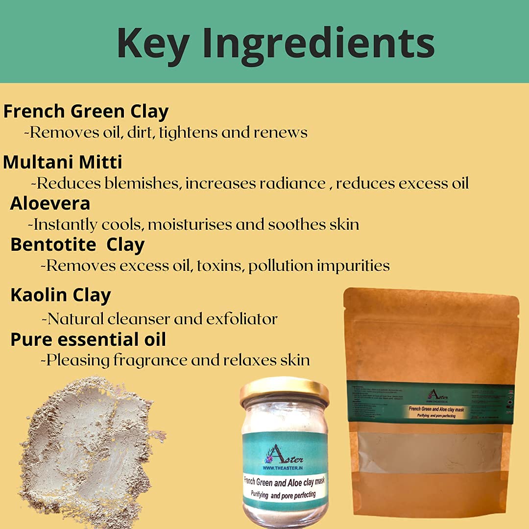 French Green Clay Face Mask - 80g | Aster Aloe Vera Glow Mask for Deep Cleansing, Pore Minimizing & Skin Toning | Natural Exfoliating Clay Mask for Summer Skincare | Perfect for Detox, Acne Treatment & Radiant Skin