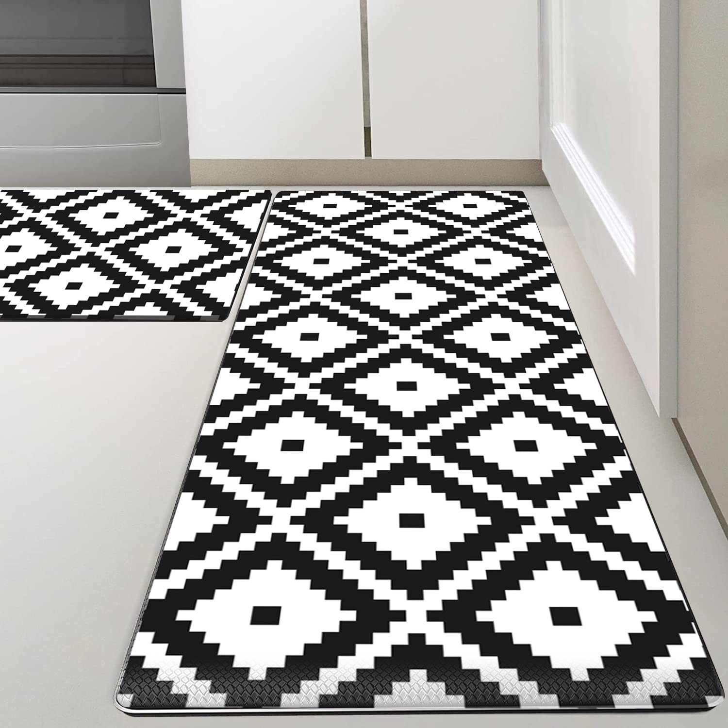 Anti-Fatigue Kitchen Mat Set of 2 - Non-Slip Thick Cushioned Floor Mats, Waterproof PVC Foam Standing Comfort Mat for Cooking & Dishwashing - Heavy Duty Kitchen Rug Runner (White)