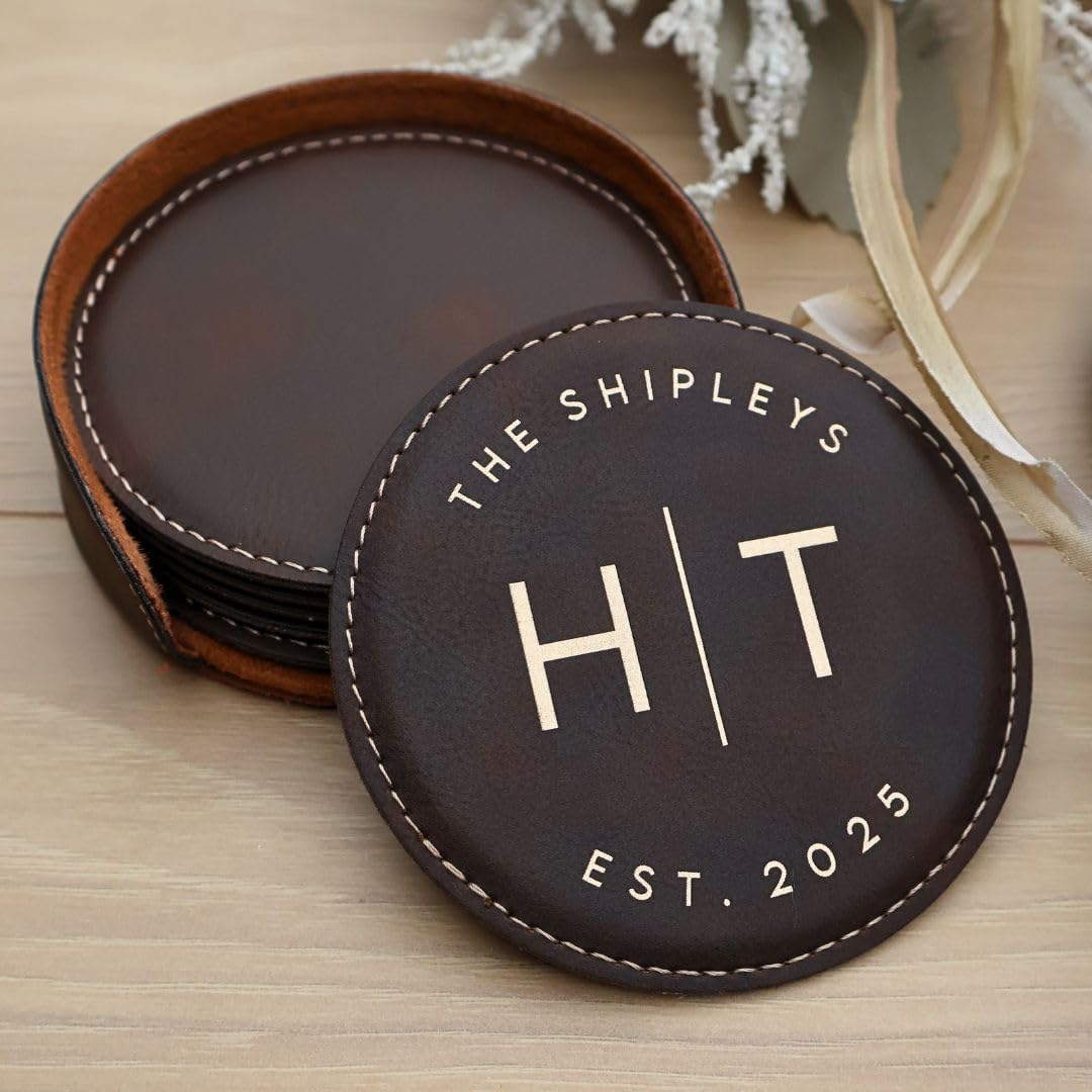 Personalized Leatherette Coasters Set of 6 - Custom Engraved Round Drink Coasters for Wedding Gifts, Bridal Shower & Housewarming - Perfect for Coffee Tables, Bars & Home Decor