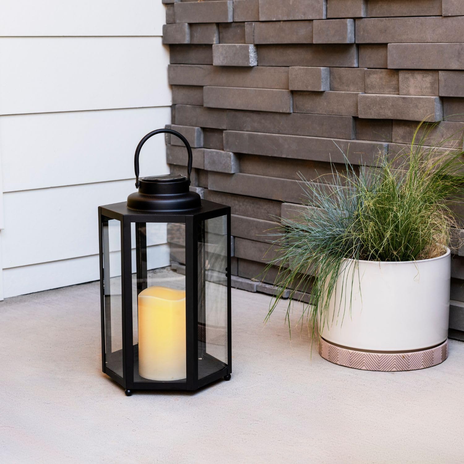 Outdoor Solar Powered Decorative Lantern with Flameless Candle - 14 Inch Black Metal & Glass Waterproof Hanging Light for Porch, Garden, Patio - Perfect for Evening Ambiance, Wedding Decor & Holiday Lighting