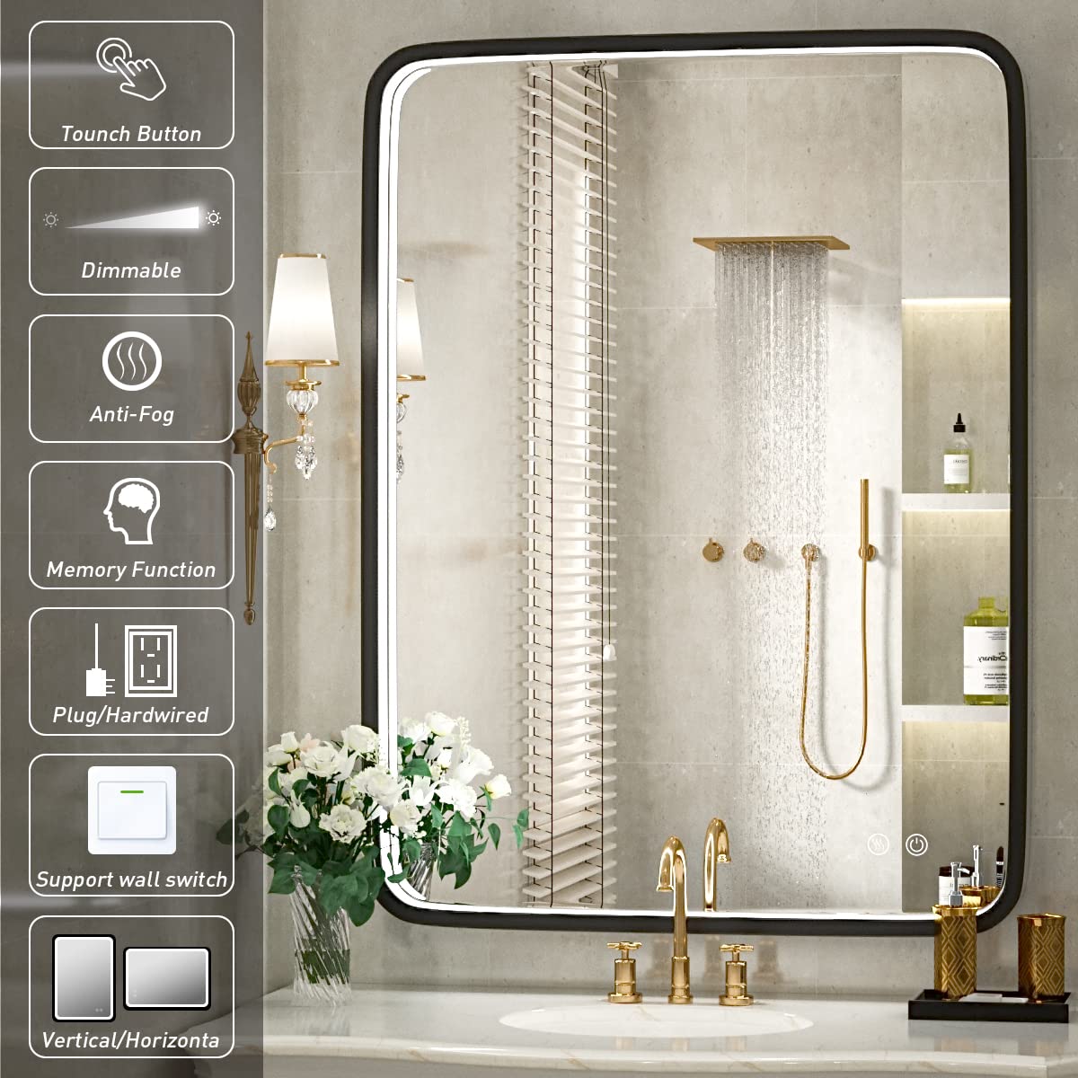 36x28 Inch LED Bathroom Mirror with Light - Black Metal Frame Anti-Fog Vanity Mirror, Dimmable Touch Switch for Wall Mount (Horizontal/Vertical) | Perfect for Makeup, Shaving & Home Decor