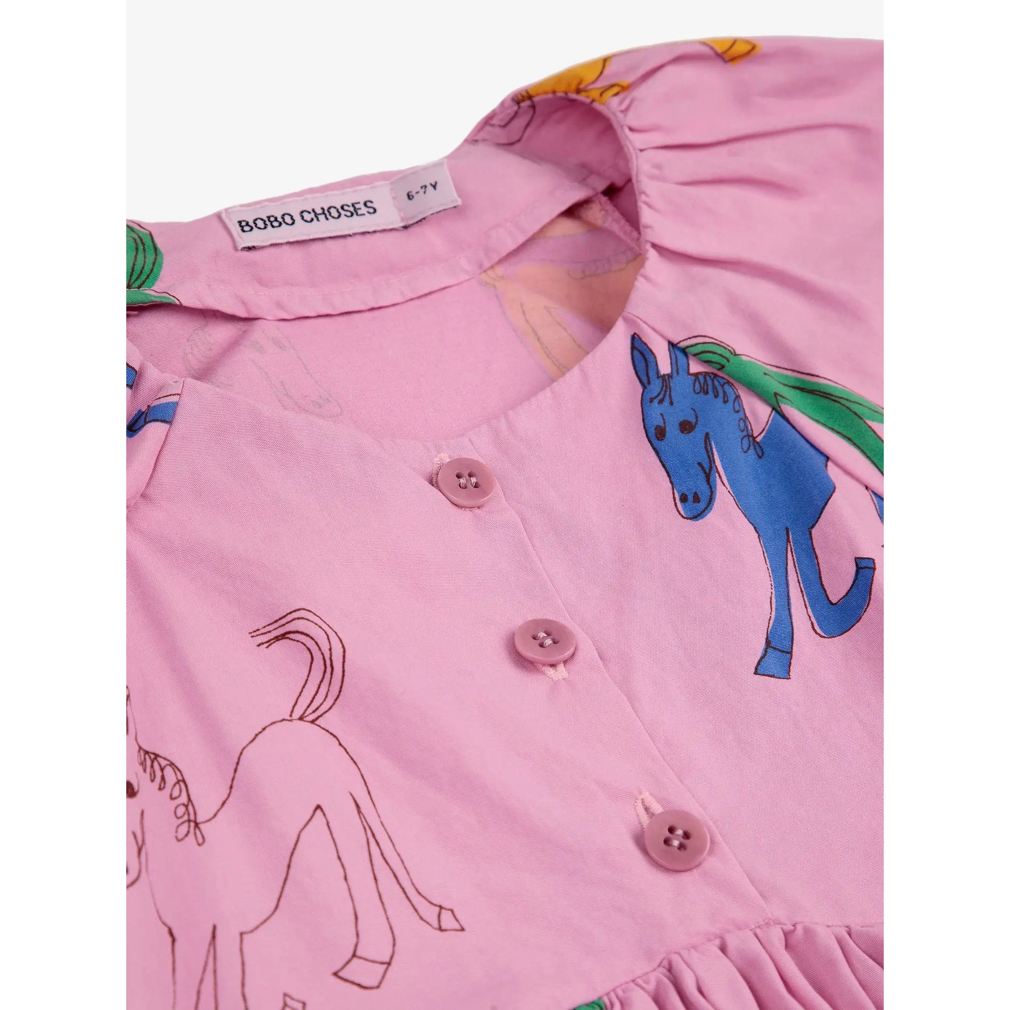 Bobo Choses Wonder Horse Woven Dress for Girls - Pink Floral Print, Comfortable & Stylish Casual Wear for Playdates, Parties & Everyday Outfits