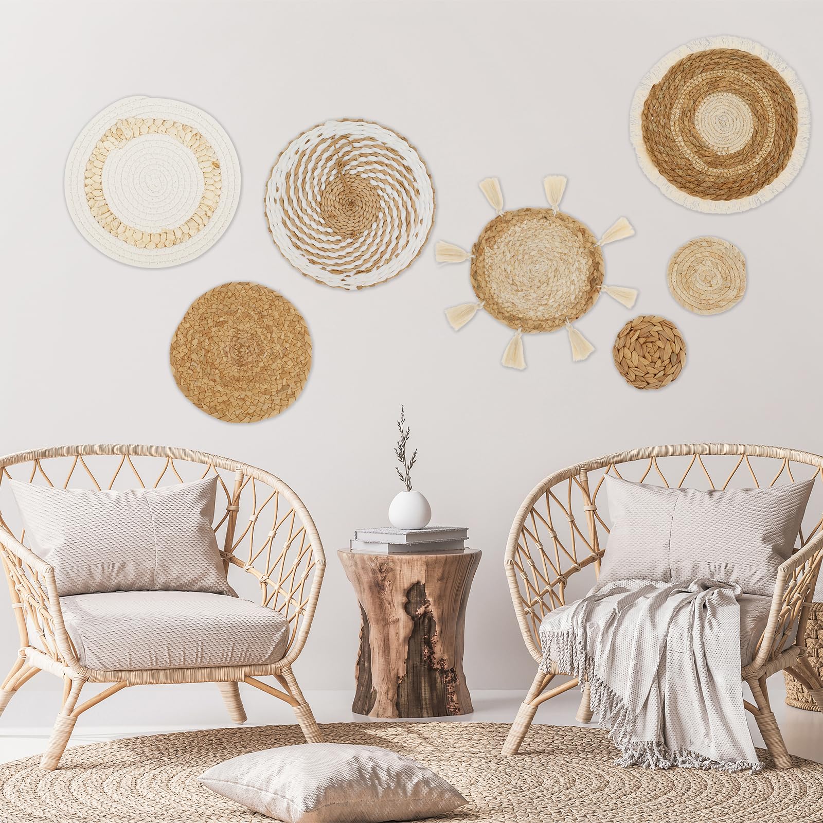 Boho Wall Basket Decor Set - 7 Pack Woven Seagrass Hanging Baskets for Home & Office Decor