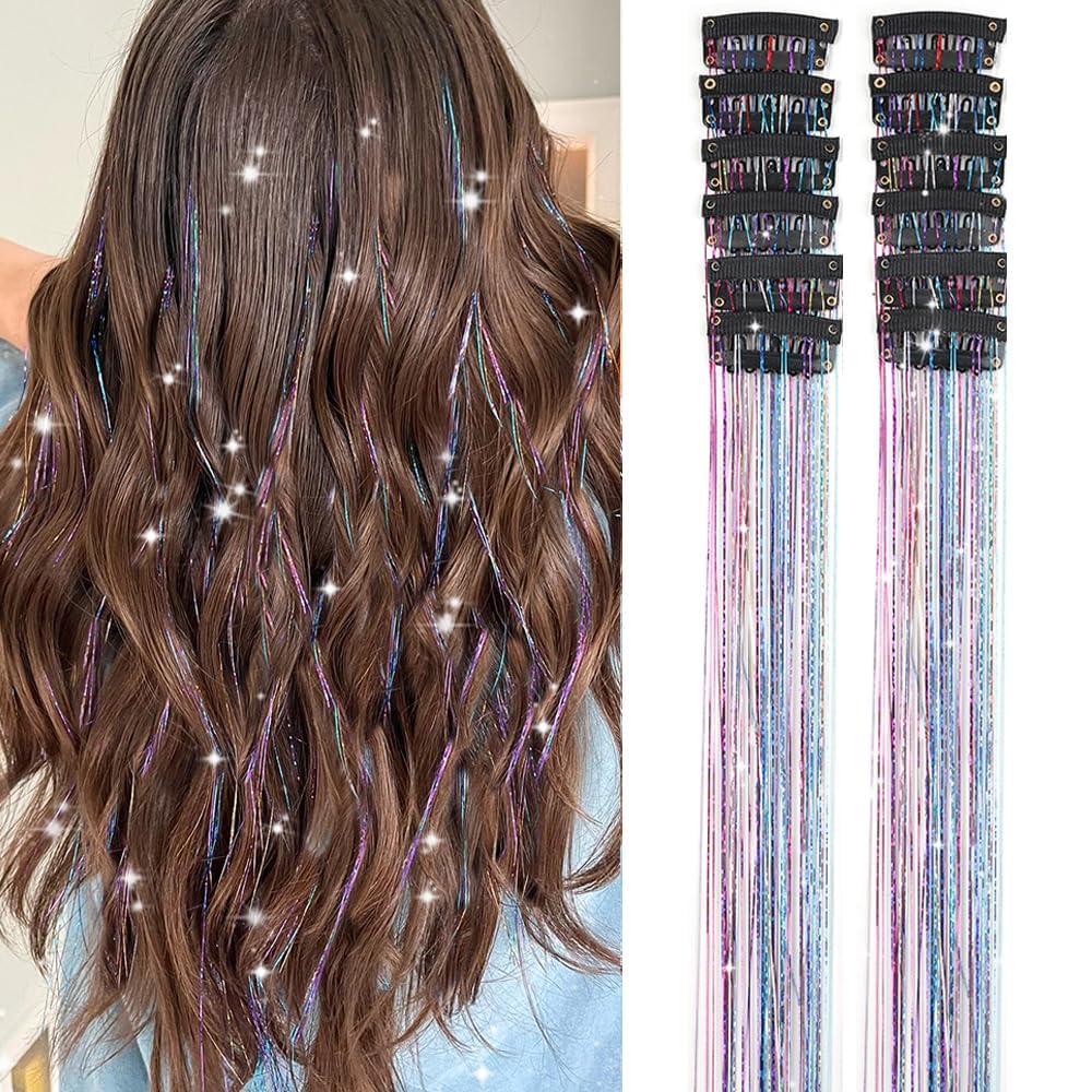 Premium Hair Tinsel Kit - 200 Strands Heat-Resistant Glitter Hair Extensions with 4 U-Shape Snap Clips (Rainbow) | Sparkling Fairy Hair for Women, Girls & Kids | Perfect for Parties, Festivals & Special Occasions