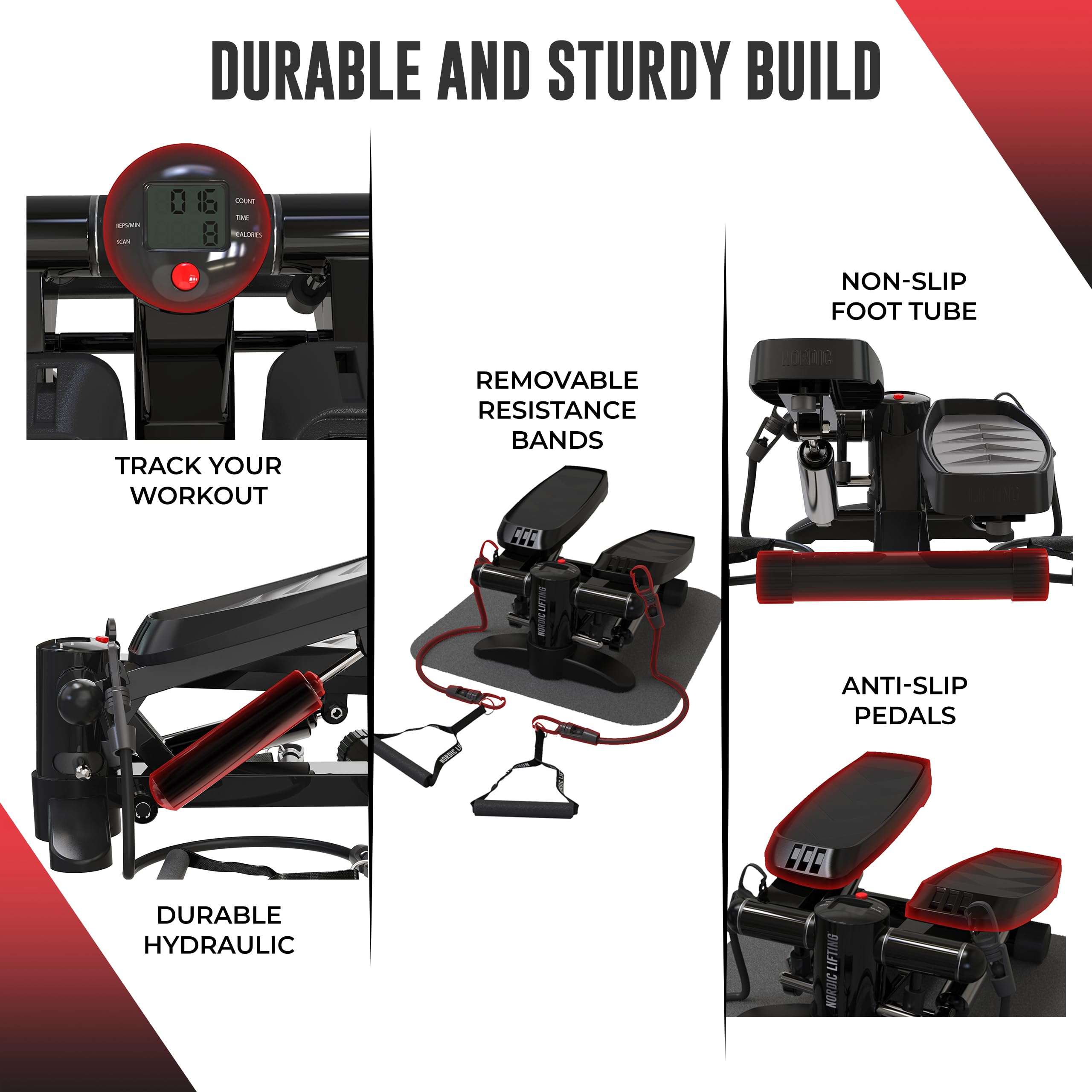 Nordic Lifting Mini Stepper & Stair Climber Machine with Resistance Bands - 330 LBS Capacity, Non-Slip Foot Pads & LCD Monitor - Compact Home Gym Equipment for Cardio Workout, Weight Loss & Stair Climbing Training