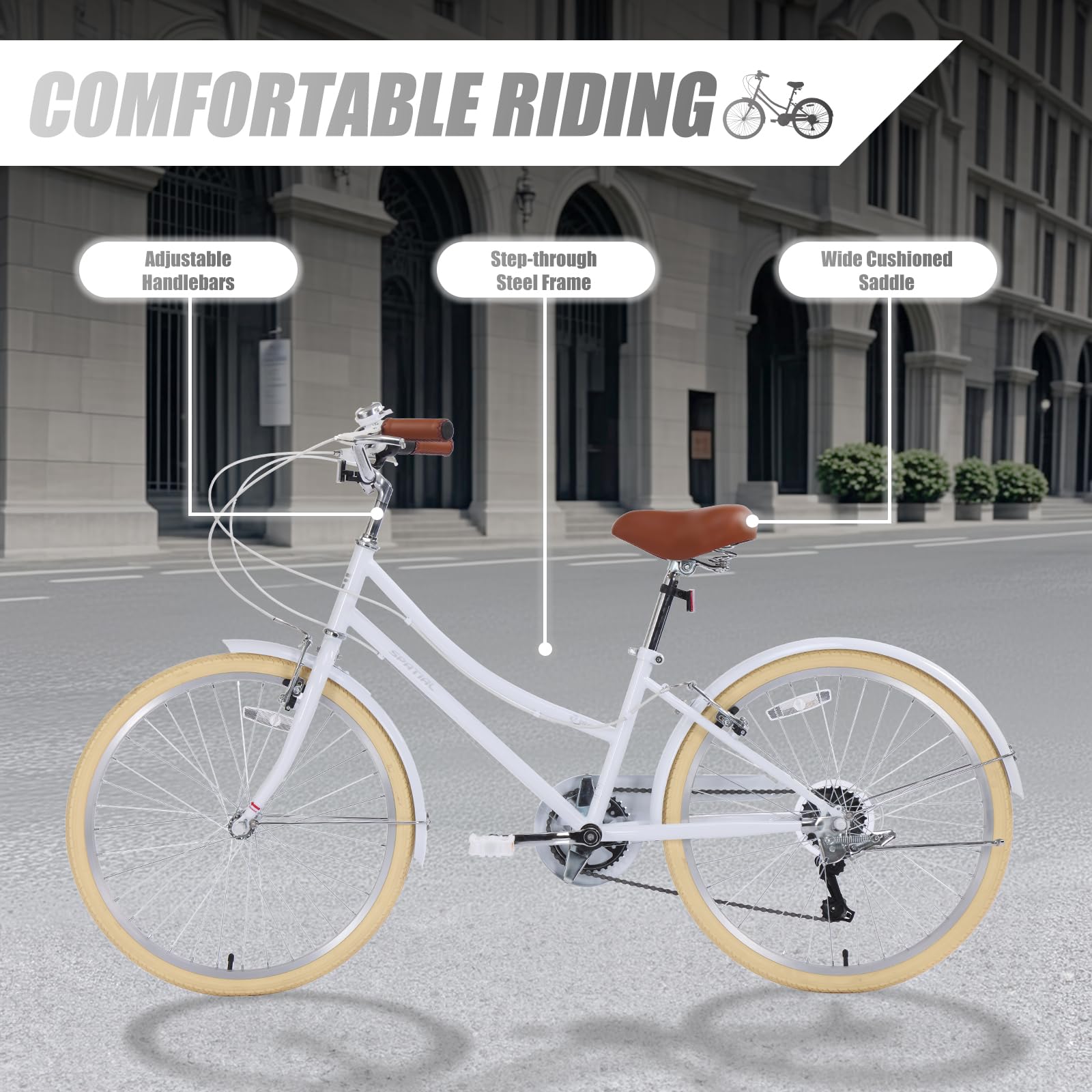 SPATIAL Women's 24 Inch Beach Cruiser Bike - 6 Speed City Bicycle with Dual V-Brake, Comfortable Step-Through Frame for Adult Women (Multiple Colors) | Perfect for Coastal Rides, Urban Commuting & Leisure Cycling