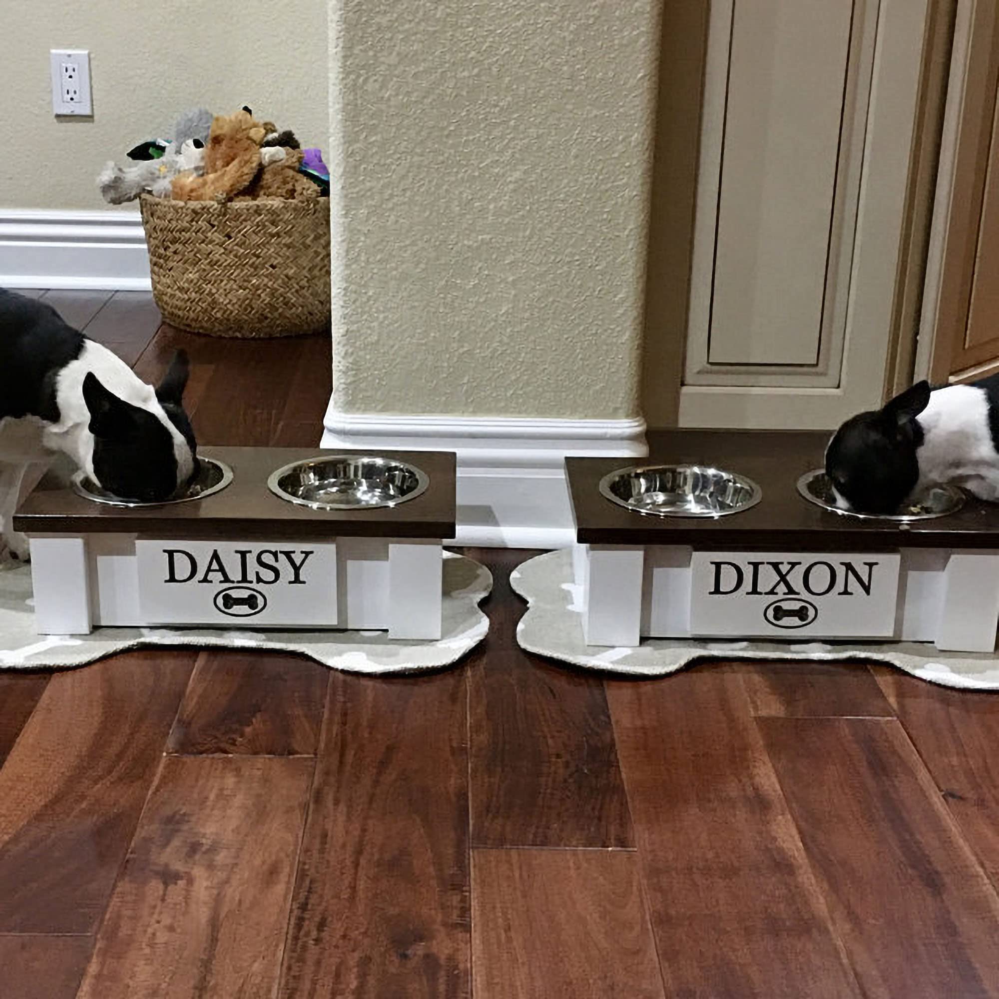 Personalized Elevated Dog Bowl Stand for Large, Medium, Small & X-Small Dogs - Stainless Steel Raised Pet Food & Water Bowls with Storage - Adjustable Height Dog Dish Feeder (X-Small, Dark Walnut) - Perfect for Kitchen, Living Room or Outdoor Use