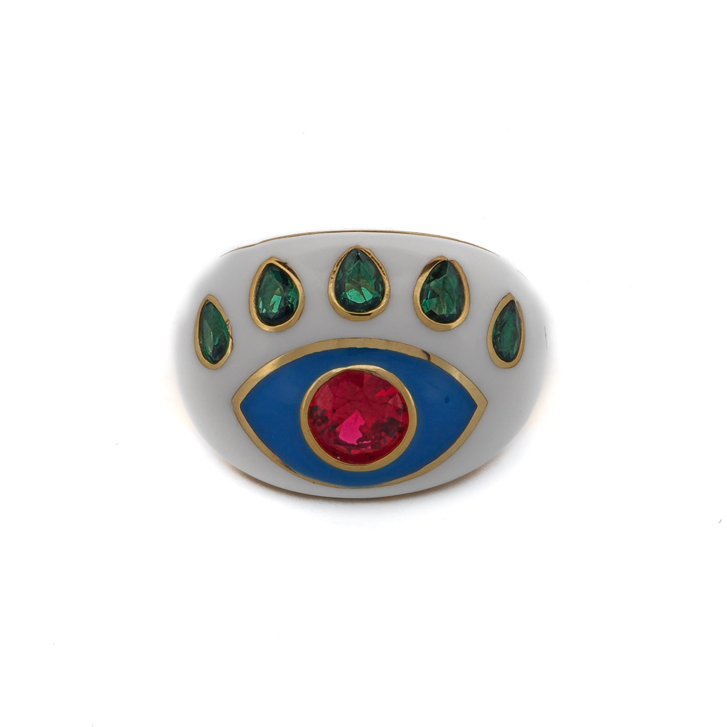 Guardian Ruby & Emerald Evil Eye White Enamel Adjustable Ring for Women - Protection Jewelry for Good Luck, Spiritual Healing & Positive Energy | Perfect for Daily Wear, Gift Giving & Meditation