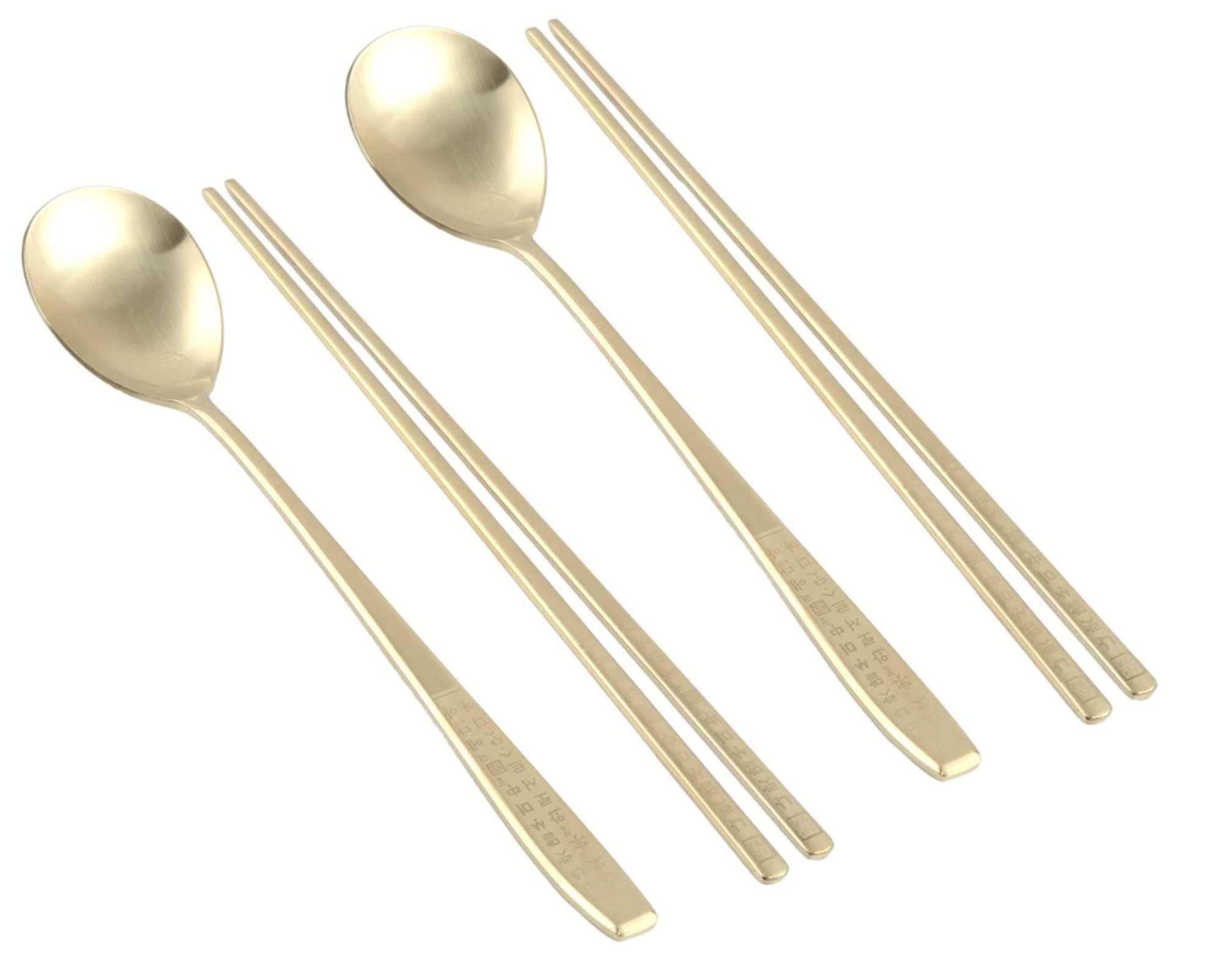 Premium Korean Metal Chopsticks and Spoon Set - Stainless Steel with Titanium Gold Plating & Hangul Characters - Perfect for Asian Dining, Gifts, and Home Decor