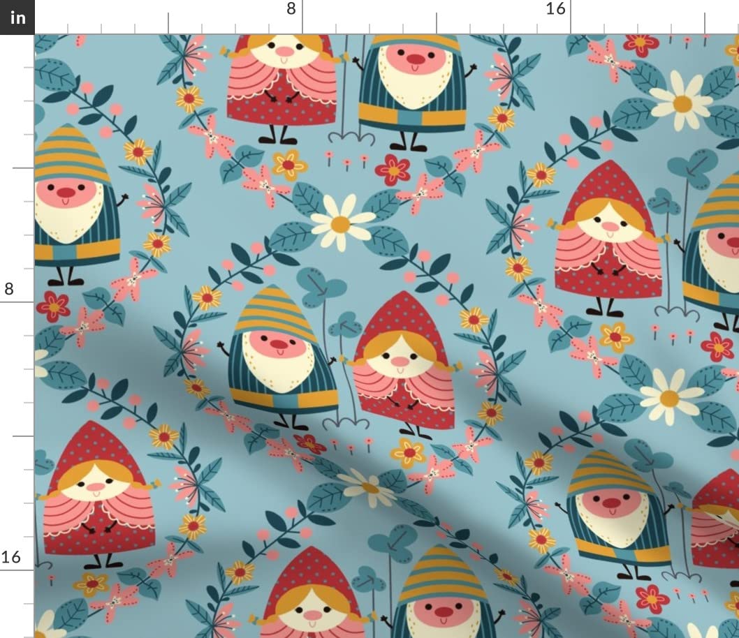 Gnomes Garden Bloom Teal Fantasy Spring Blossom Printed Cotton Fabric - Fat Quarter for Sewing, Quilting, Apparel & Home Decor | Perfect for DIY Crafts, Pillows & Spring-Themed Projects