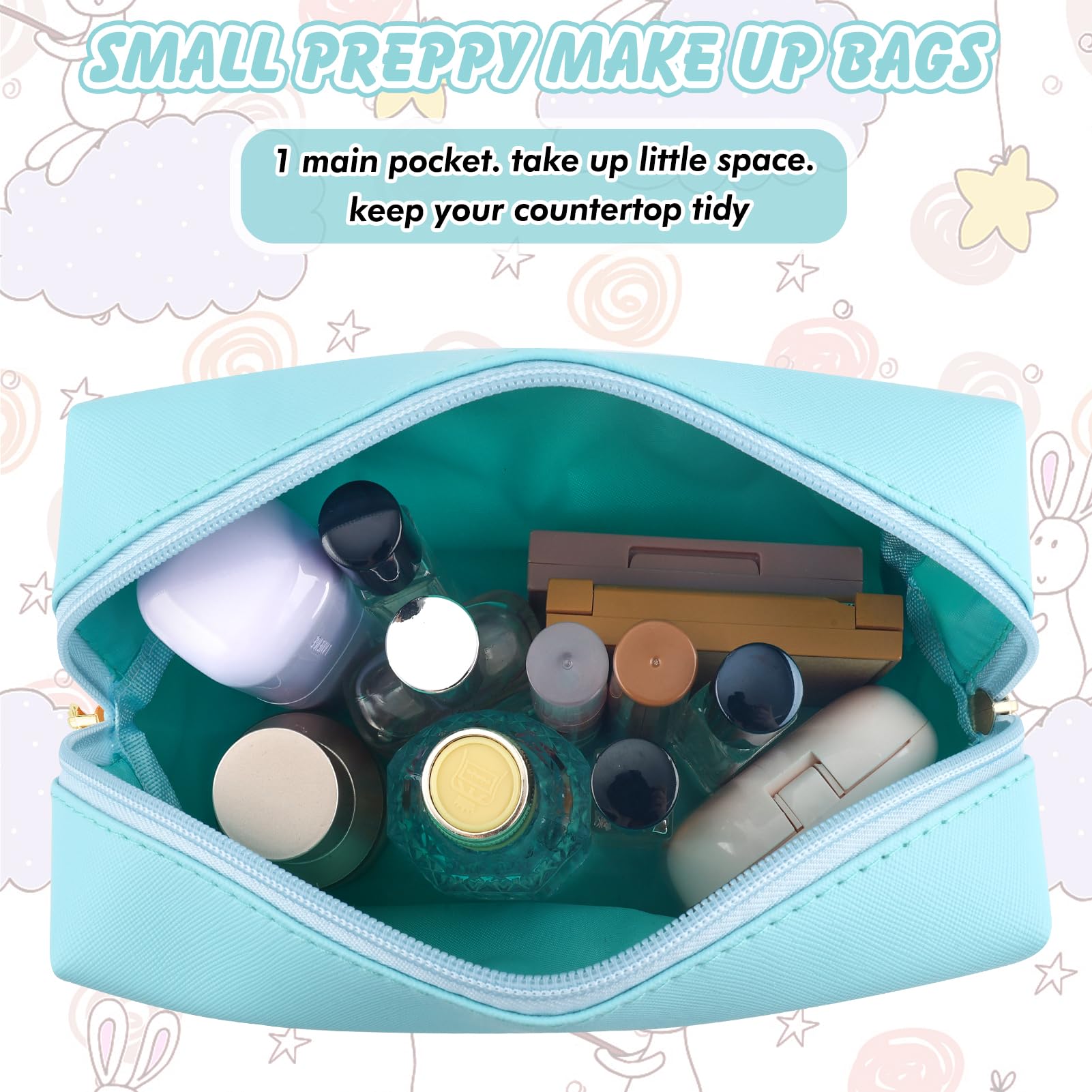 Personalized Initial Makeup Bag for Girls - Waterproof PU Cosmetic Pouch with Zipper, Cute Travel Toiletry Bag, Preppy Birthday Gift for Teen Girls & Women (Blue, Medium) | Perfect for Travel, School, Sleepovers & Daily Makeup Organization