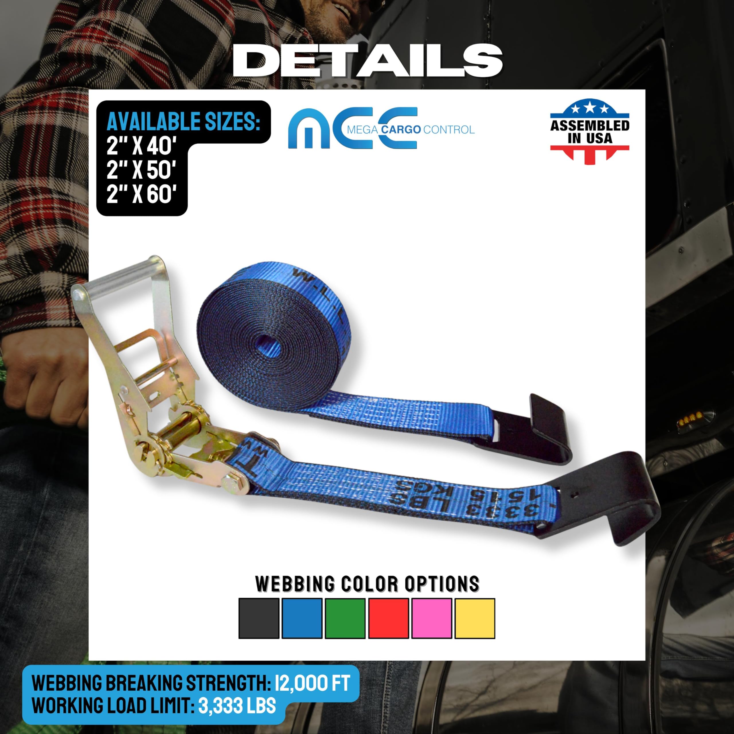Heavy Duty Flat Hook Ratchet Straps (2-Pack) - 2 Inch x 60 Foot, 10,000 lbs Break Strength - Blue Tie Down Straps for Flatbed Trailers, Trucks & Cargo Securing - Perfect for Transporting Motorcycles, ATVs & Furniture