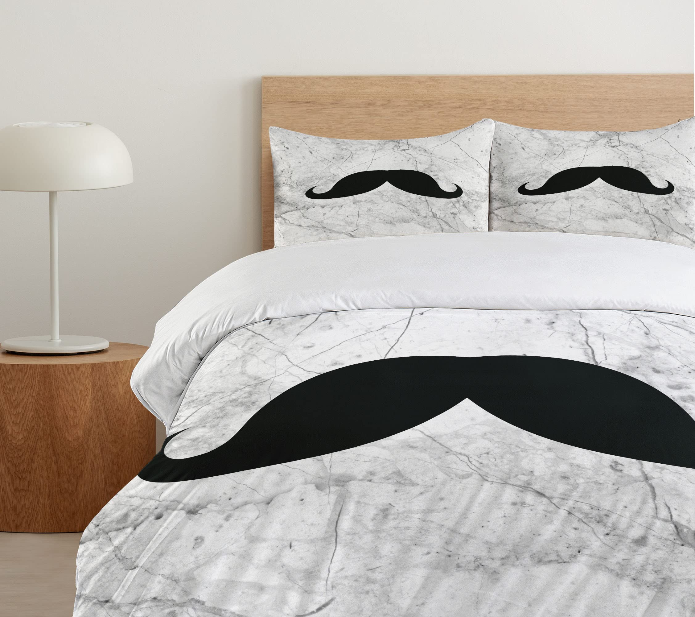 Ambesonne Manly Duvet Cover Set - Retro Mustache Design on Grunge Marble Backdrop, 3-Piece Queen Size Bedding Set with Pillow Shams, Grey Black White | Stylish Home Decor for Men's Bedroom, Perfect Gift for Husband or Boyfriend