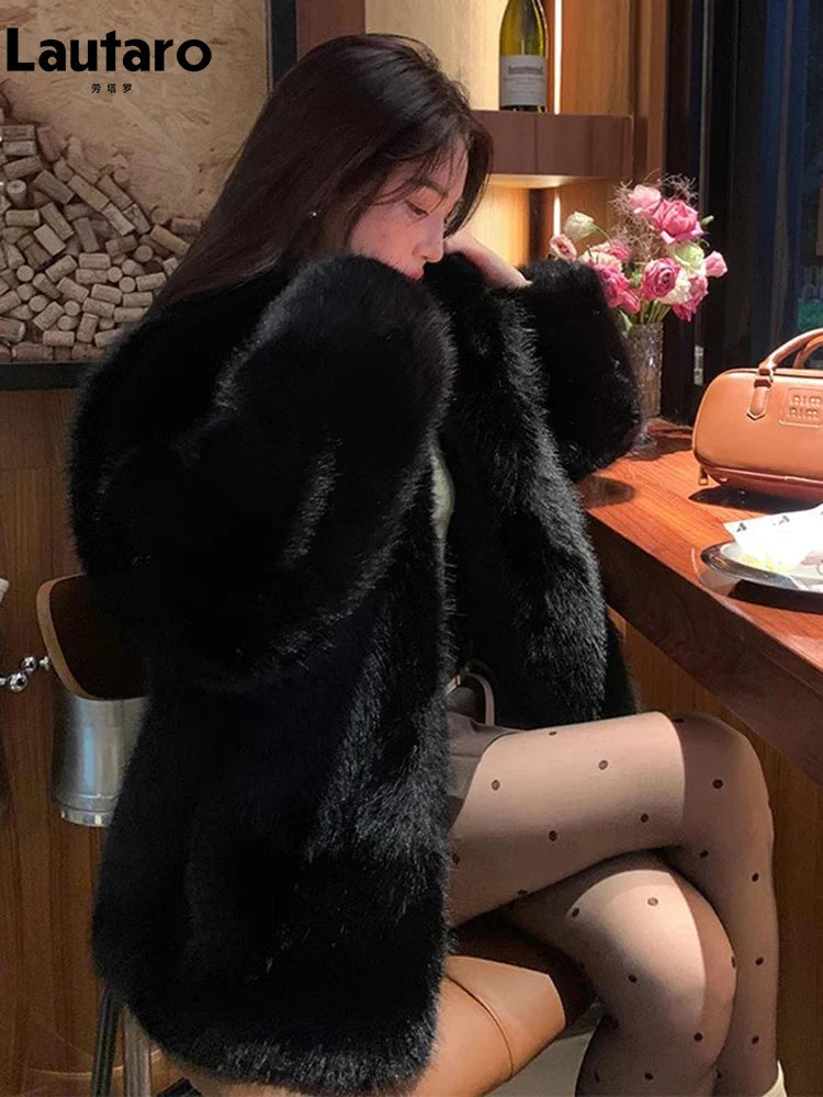 2023 Women's Winter Faux Fox Fur Coat - Soft Thick Warm Shaggy Fluffy Jacket with Stand Collar & Long Sleeves | Perfect for Cold Weather, Outdoor Activities & Fashion Layering