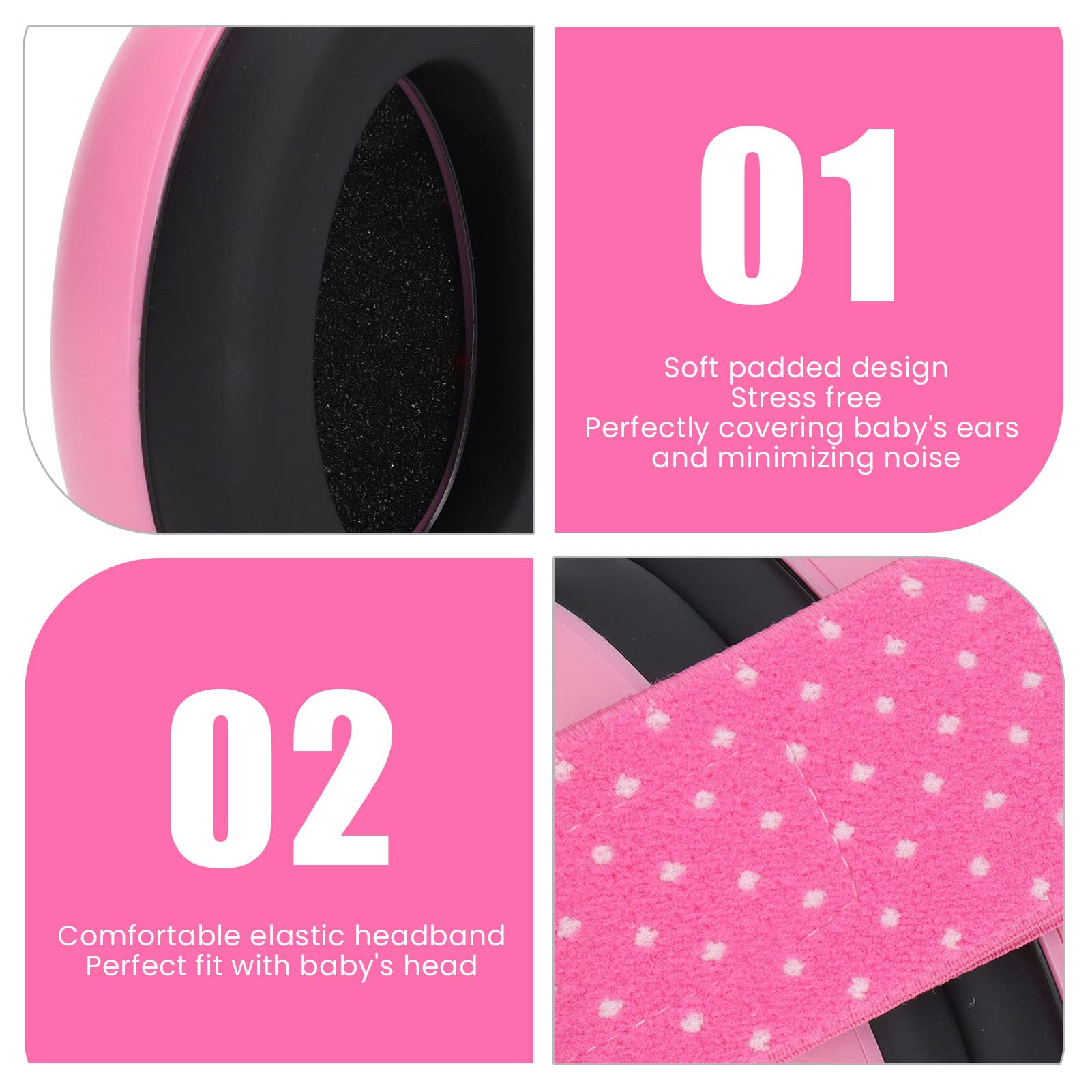 Noise Cancelling Baby Ear Muffs for Kids - Soft Padded Infant Hearing Protection Headphones with Adjustable Headband (Pink) - Perfect for Airplane Travel, Fireworks, Concerts & Loud Events