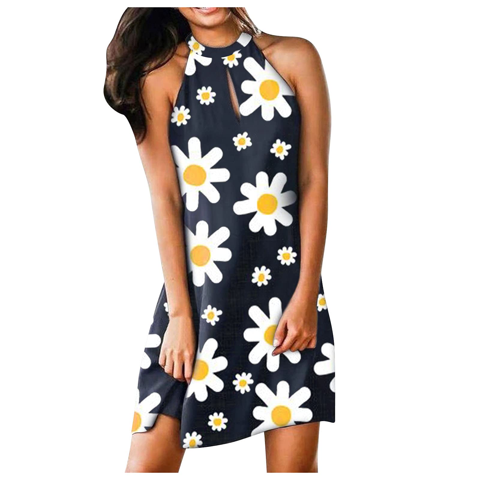 Soyienma Women's Summer Casual Beach Dress 2021 - Halter Neck Sleeveless Flowy Sun Dress with Printed Design | Perfect for Vacation, Pool Party & Outdoor Activities