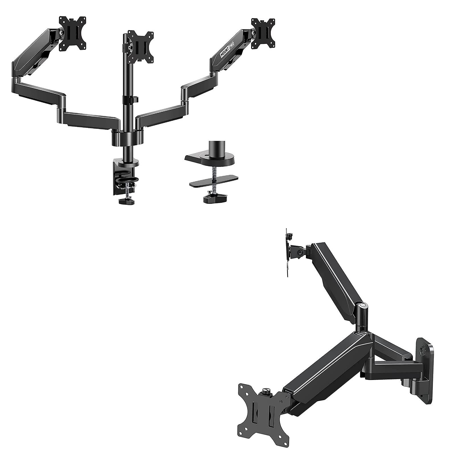MOUNT PRO Triple Monitor Stand for 13-27 Inch Screens & Dual Monitor Wall Mount for 13-32 Inch Displays - Heavy Duty Monitor Arm Holds 17.6 lbs Each - VESA 75x75 & 100x100 Compatible - Perfect for Home Office, Gaming Setup & Workspace Ergonomics