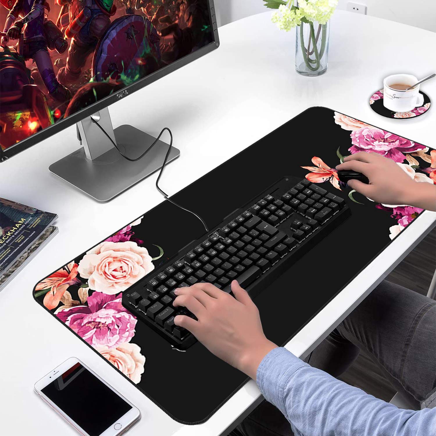 Extended Gaming Mouse Pad with Non-Slip Rubber Base & Stitched Edges - Large Waterproof Desk Mat for Work, Gaming & Office Use - Peony Flower Design - Perfect for PC, Laptop & Home Workspace