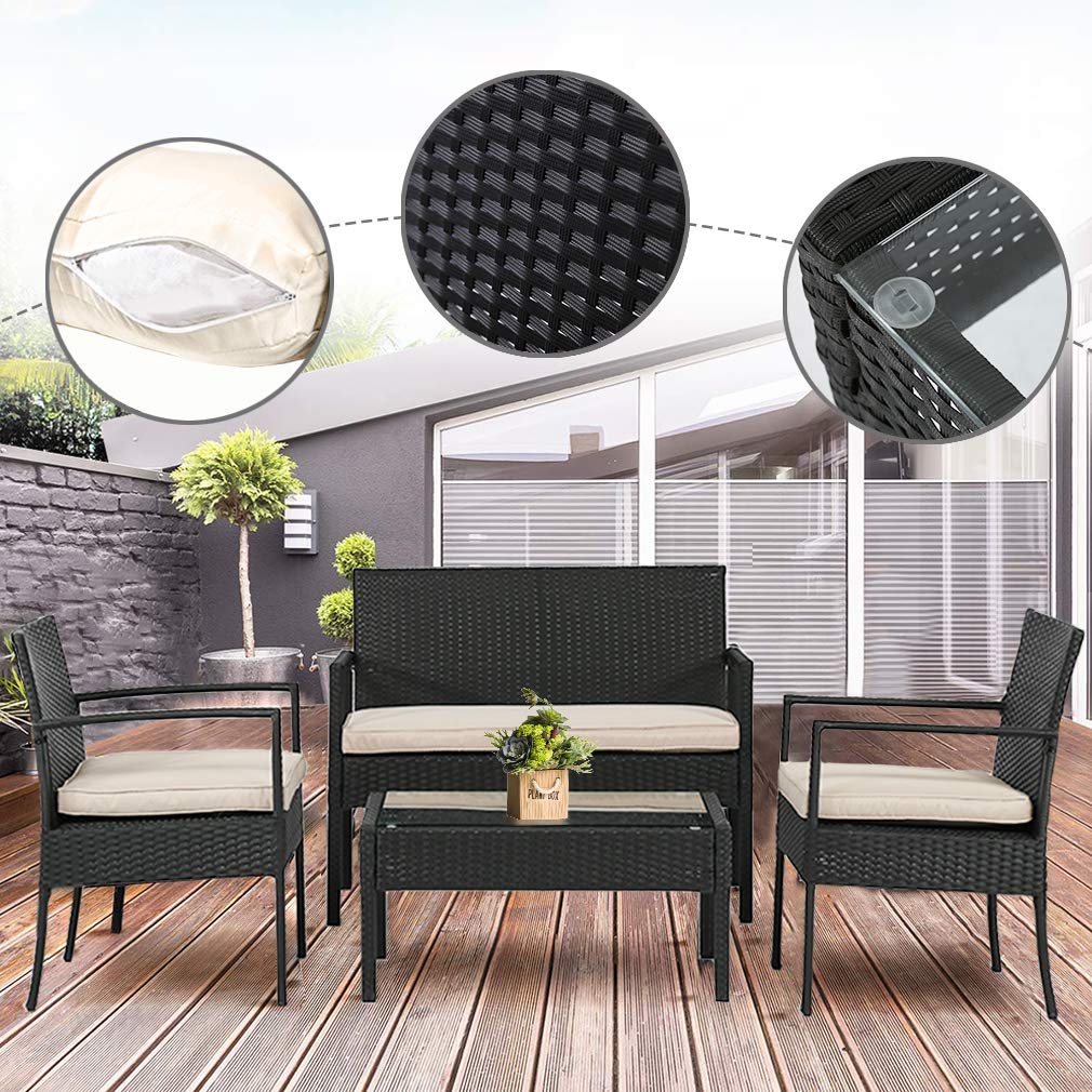 4-Piece Outdoor Wicker Patio Furniture Set - Rattan Chairs & Conversation Set for Backyard, Porch, Garden, Poolside, Balcony - Weather-Resistant Black Wicker Furniture for Relaxing & Entertaining