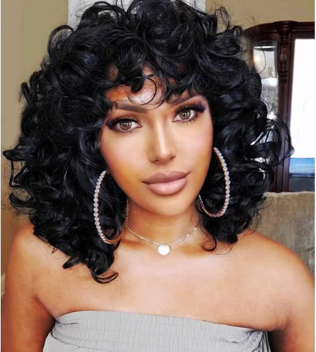 Natural Looking Short Curly Wigs for Black Women - Afro Big Curly Synthetic Wigs with Bangs | Soft Fluffy Hair for African American Women | Perfect for Daily Wear, Cosplay & Parties (Black)
