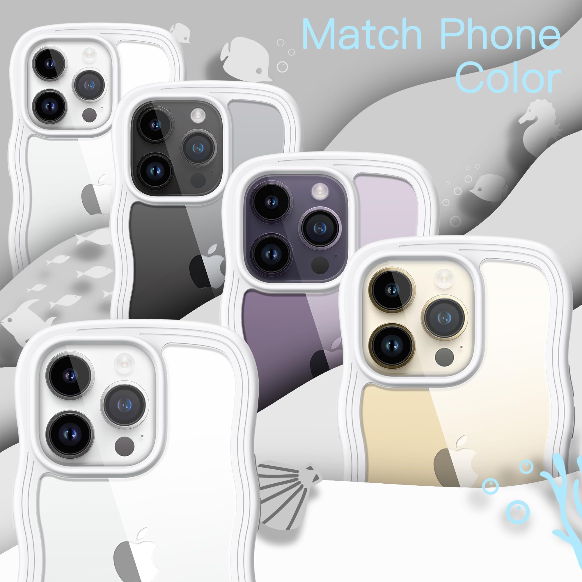 JETech Cute Wave Frame iPhone 14 Pro Case 6.1 Inch - Shockproof Clear Hard PC Phone Cover for Women Girls - Perfect for Everyday Use, Work & School (White)