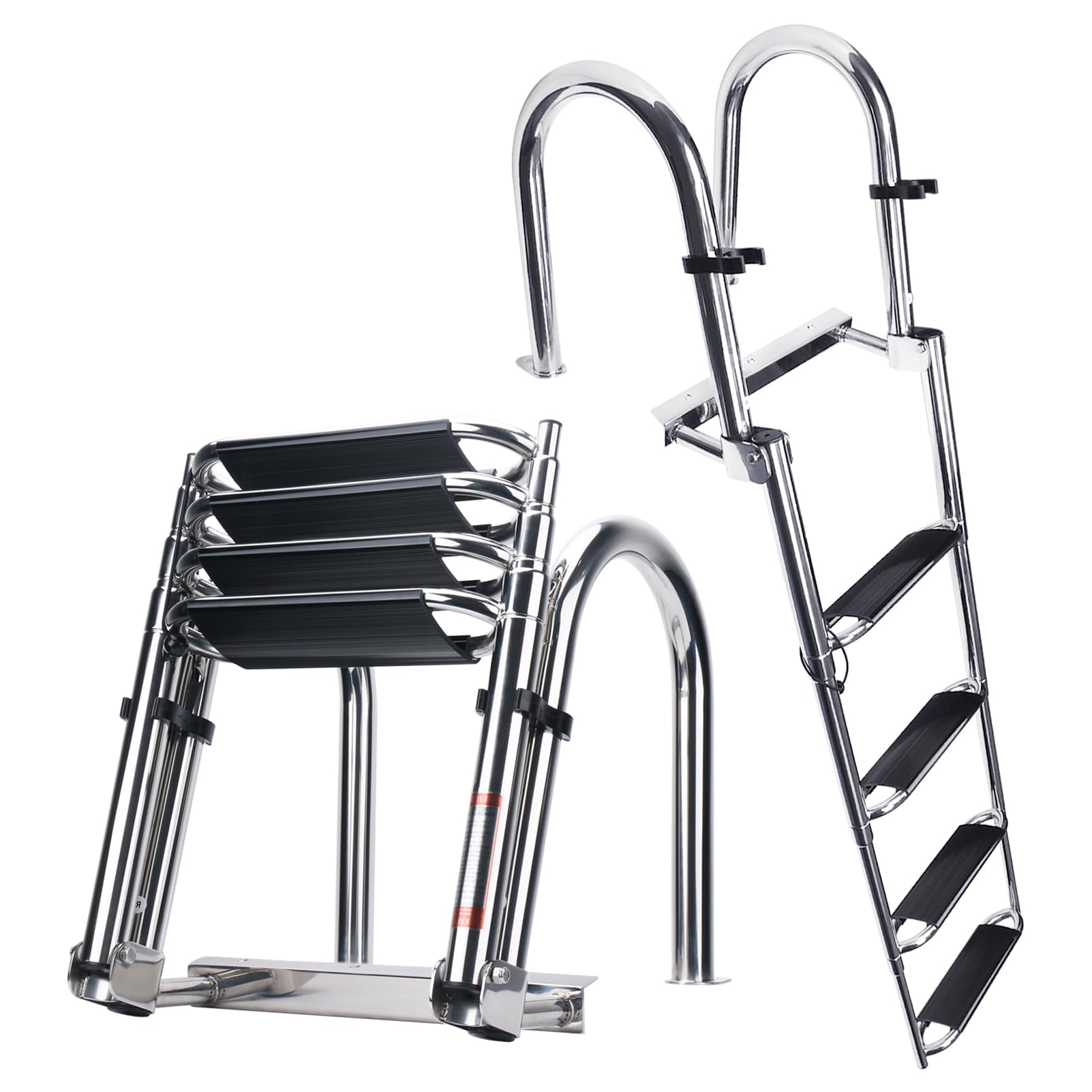 Heavy Duty 316 Stainless Steel 4-Step Telescoping Pontoon Boat Ladder with Wide Steps & Strong Handrails - Folding Rear Entry Swim Deck Ladder for Boats, Docks, and Marine Use