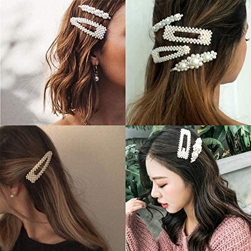 Shengjun Pearl Hair Clips Set for Women & Girls - 4pcs Handmade Large Bow Hair Clips, Hair Ties for Birthday, Valentines Day, Bridesmaid Gifts - Bling Hair Accessories for Parties, Weddings & Everyday Styling
