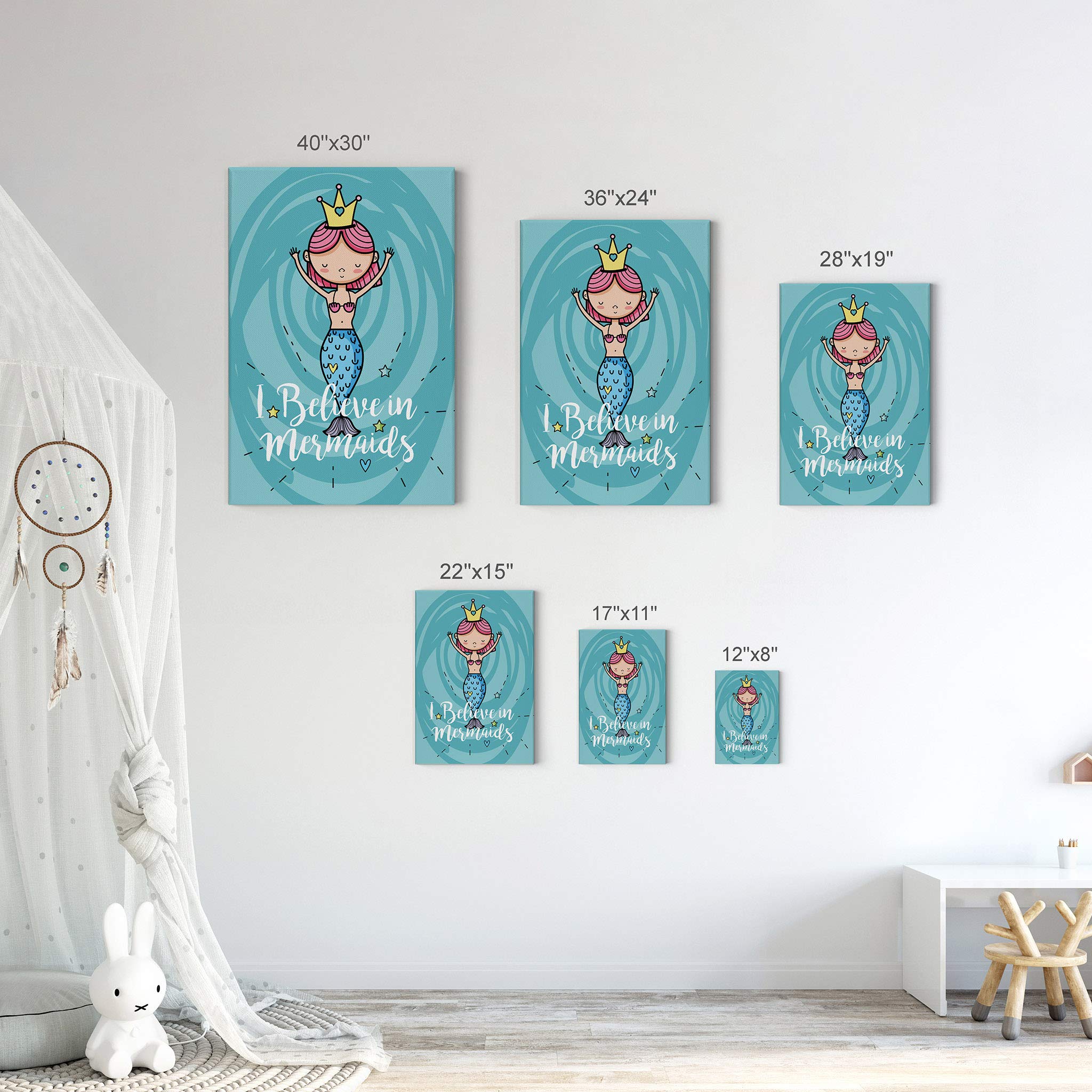 I Believe in Mermaids Quote Wall Art - Blue Mermaid Canvas Print for Kids Room, Nursery & Baby Room Decor - 40x30 Inch Made in USA - Perfect for Beach Themed Bedrooms & Underwater Fantasy Decor
