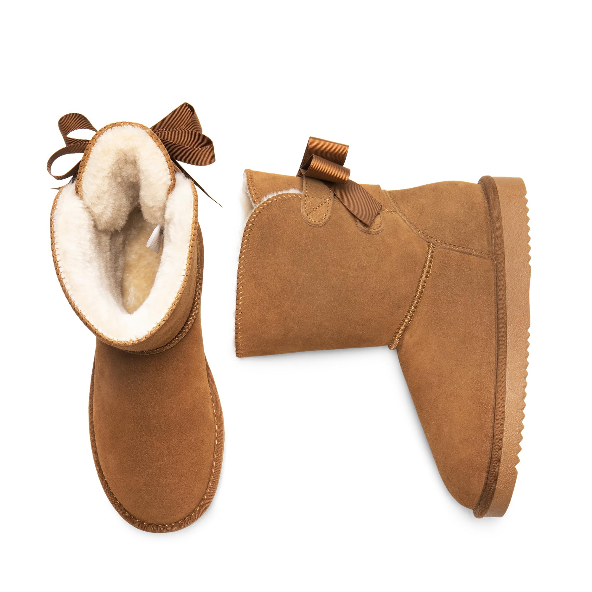 DREAM PAIRS Women's Winter Snow Boots - Genuine Suede Leather with Faux Fur Lining & Memory Foam | Warm Fuzzy Bow-Trimmed Short Booties for Women | Perfect for Outdoor Winter Activities & Indoor Comfort