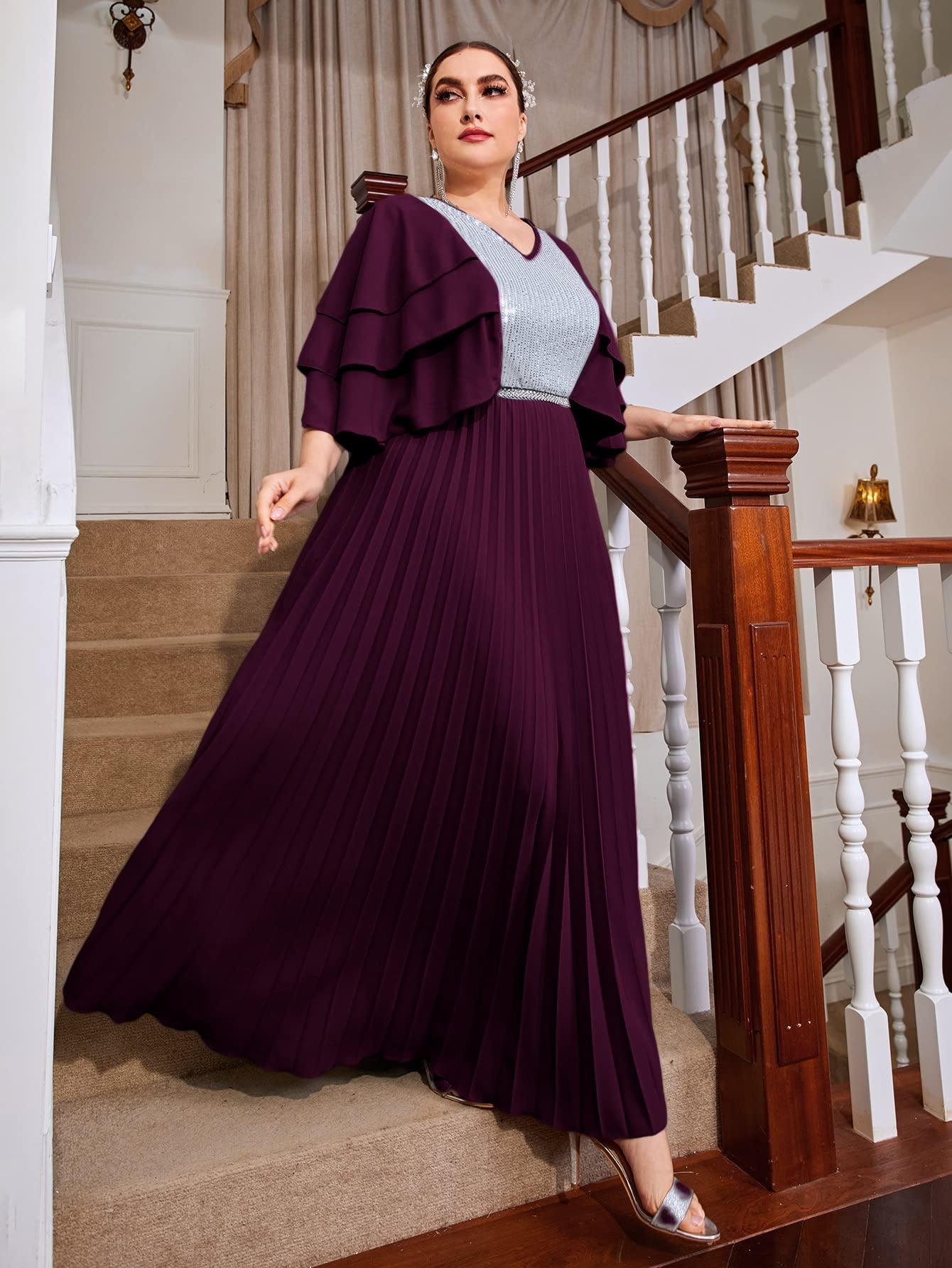 HUFFA Plus Size Women's Elegant Long Sleeve Dress with Contrast Sequin Layered Sleeves & Pleated Hem - Purple 4X-Large | Perfect for Evening Parties, Weddings & Special Occasions
