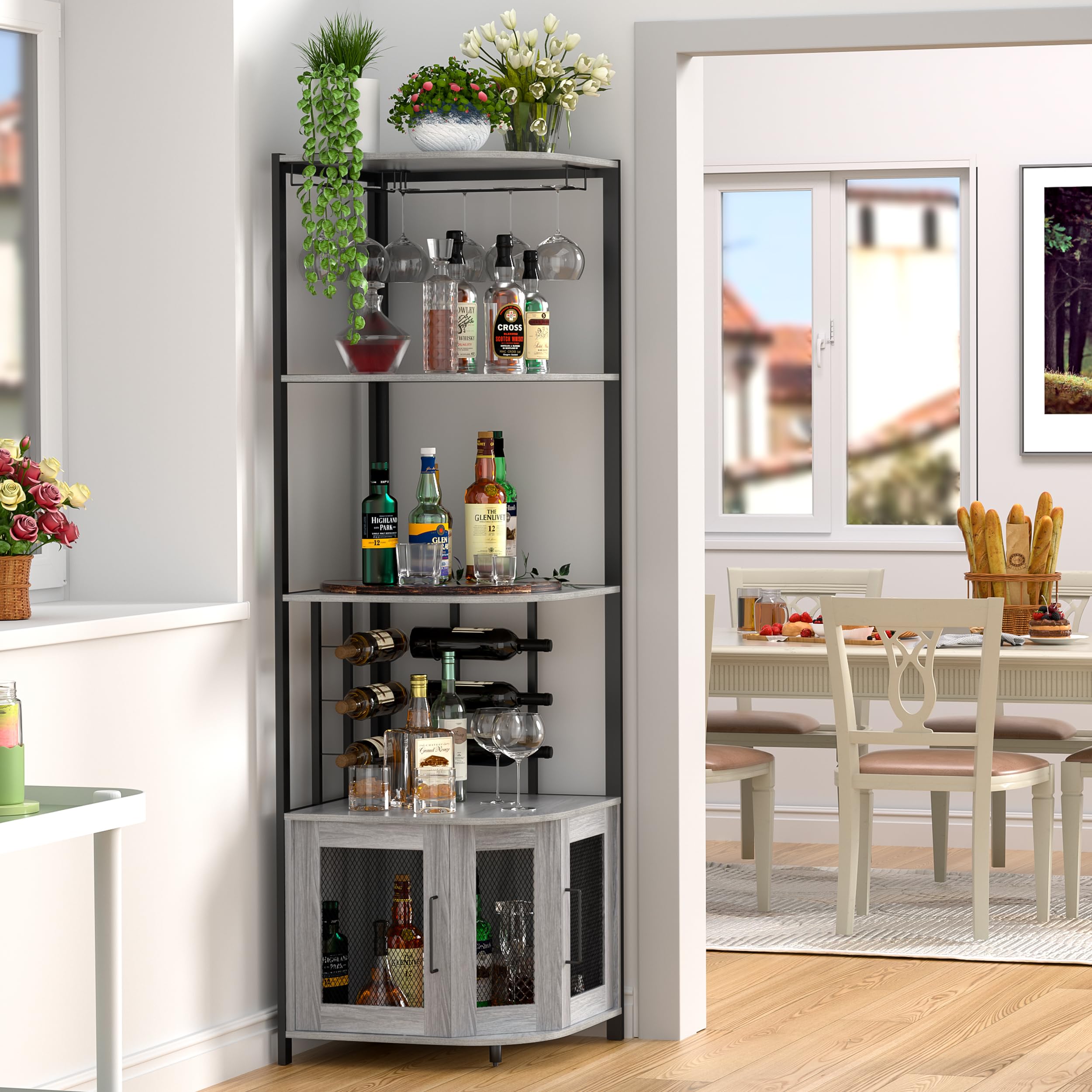 Anmytek 5-Tier Industrial Corner Bar Cabinet - Wood & Metal Wine Liquor Storage with Open Shelves | Space-Saving Home Bar Display for Kitchen, Living Room, Small Apartments | Perfect for Entertaining, Dining Rooms & Compact Spaces